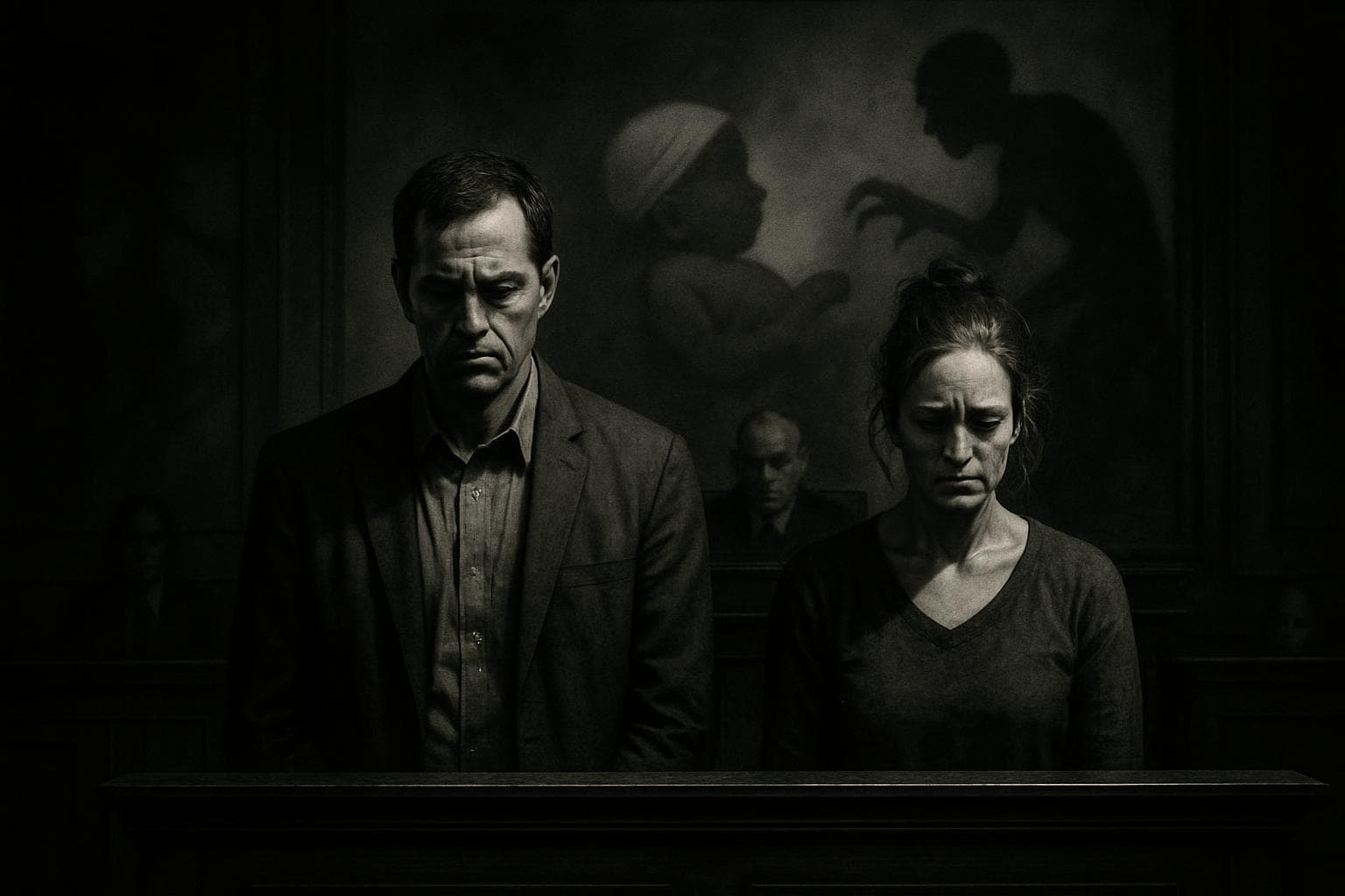 Two parents on trial in a dimly lit courtroom