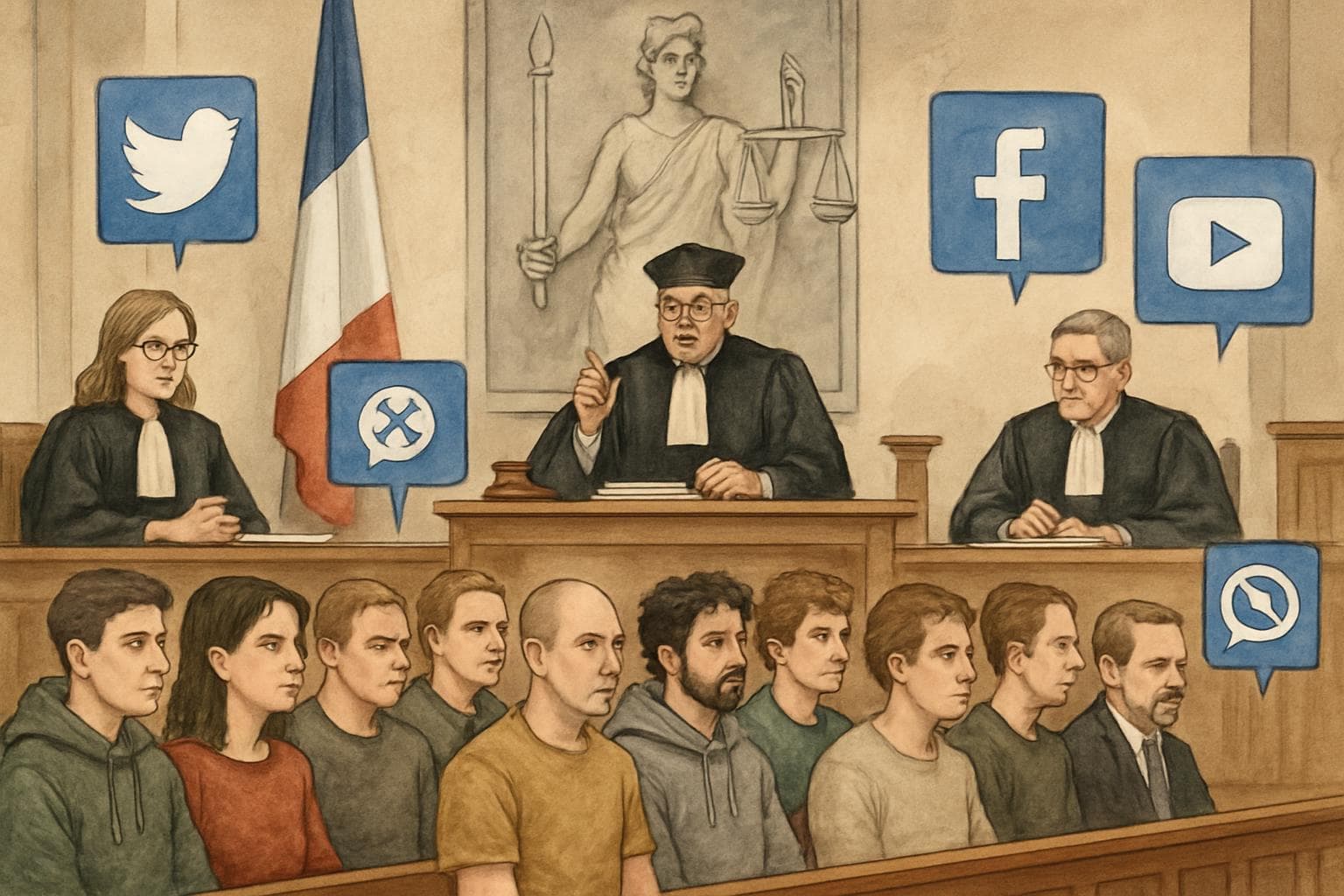 Paris courtroom scene with defendants and social media symbols