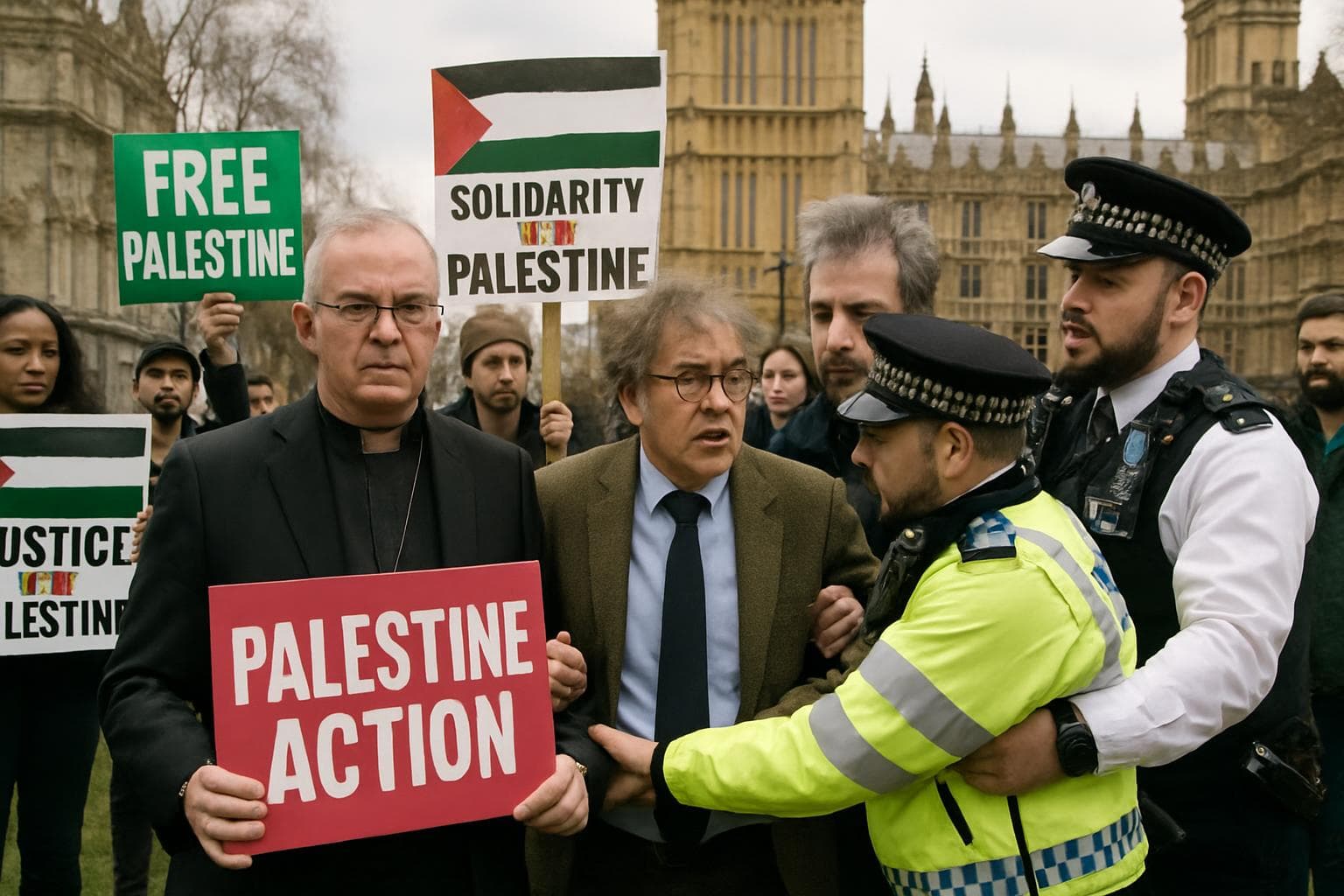 Protestors with placards in Parliament Square supporting Palestine Action