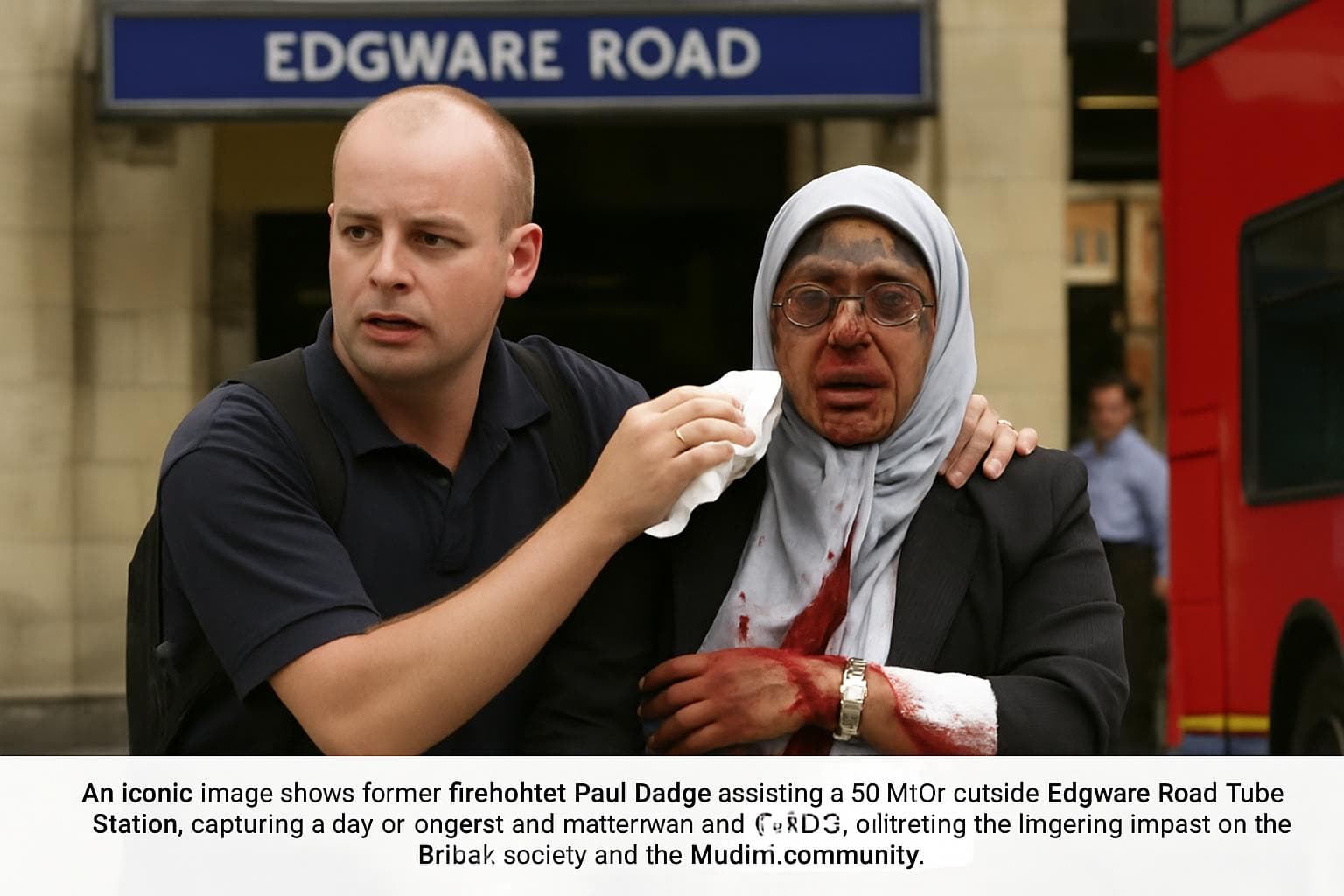 Paul Dadge assisting a survivor outside Edgware Road Station