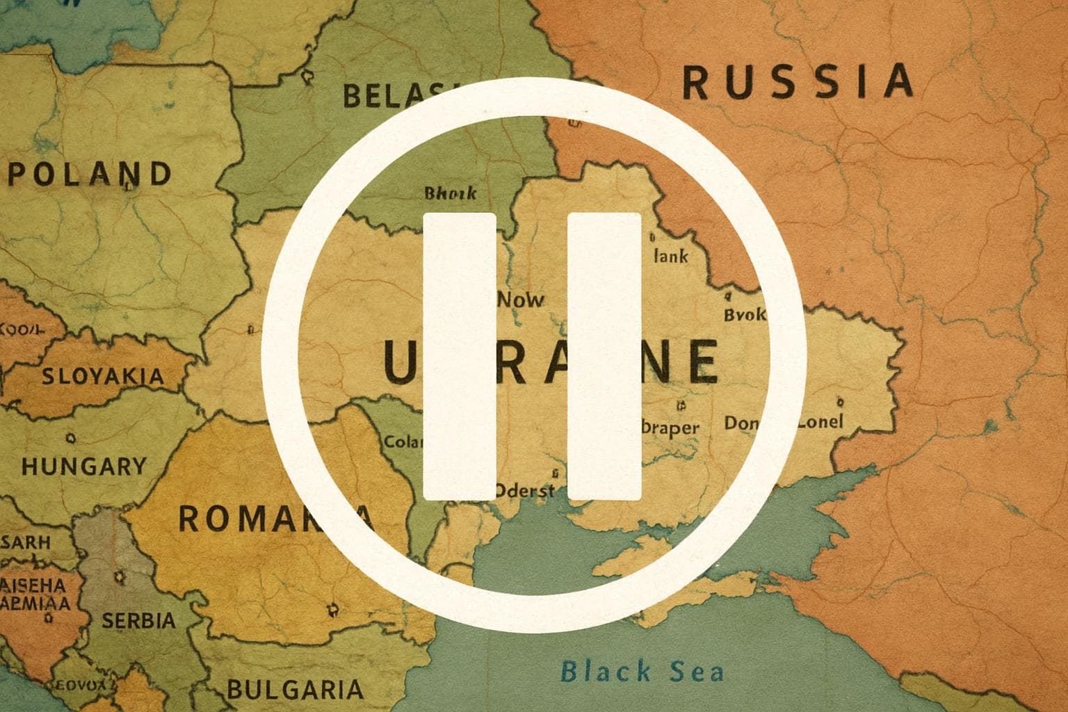 Pause button over a map of Eastern Europe
