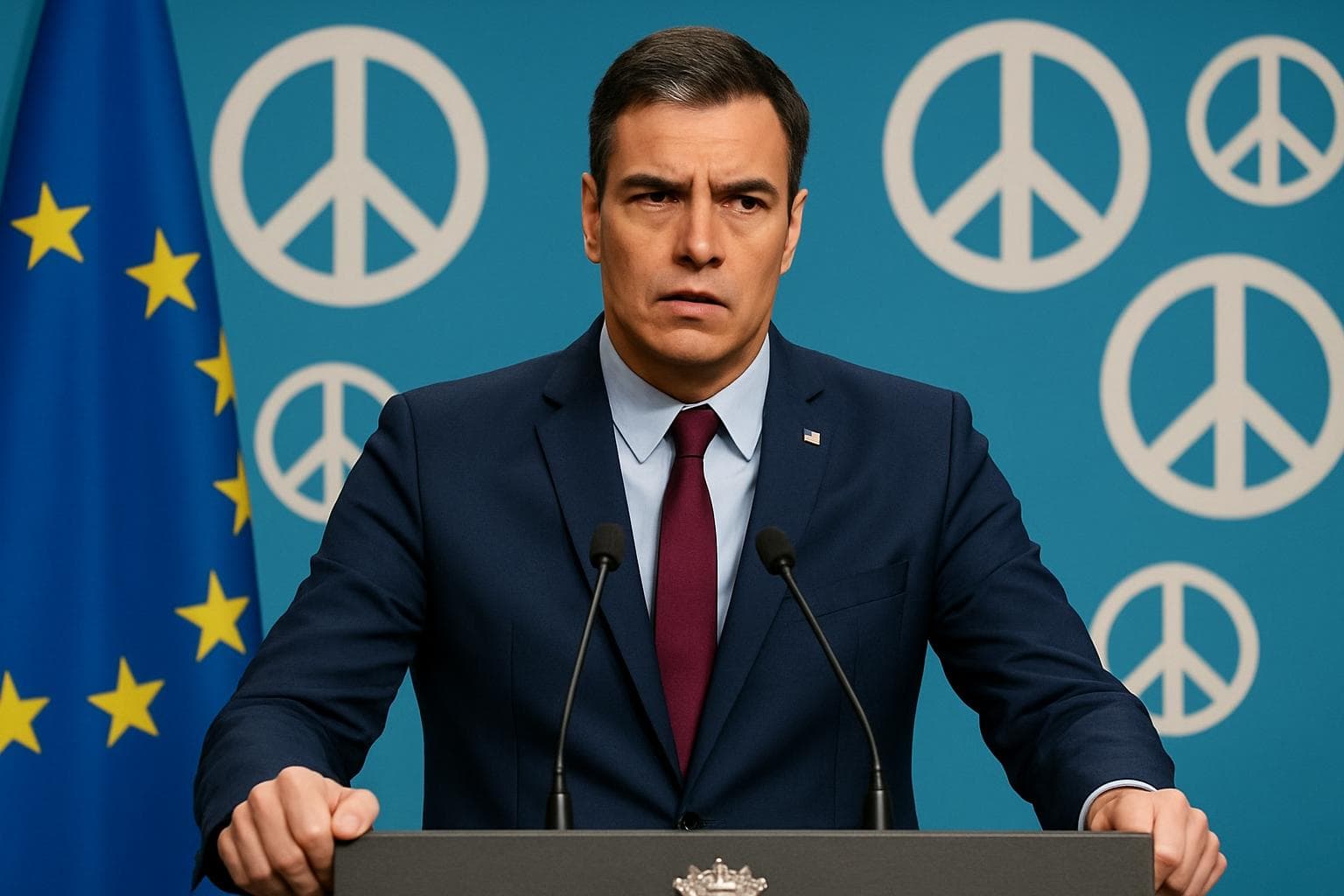 Pedro Sánchez stands with EU flag and peace symbols