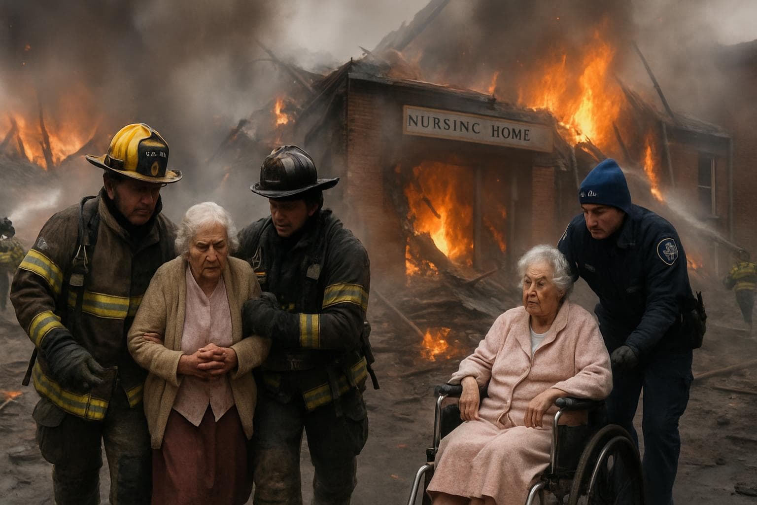 Emergency responders rescuing people from a collapsed nursing home