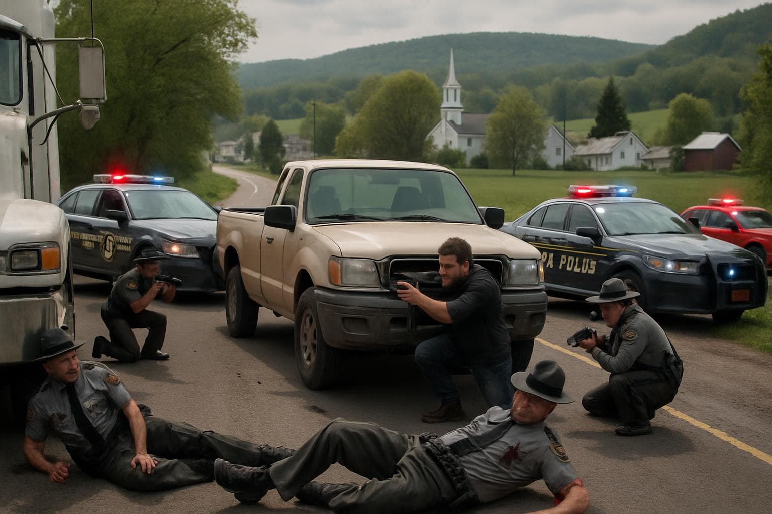 Injured state troopers and emergency vehicles in rural Pennsylvania