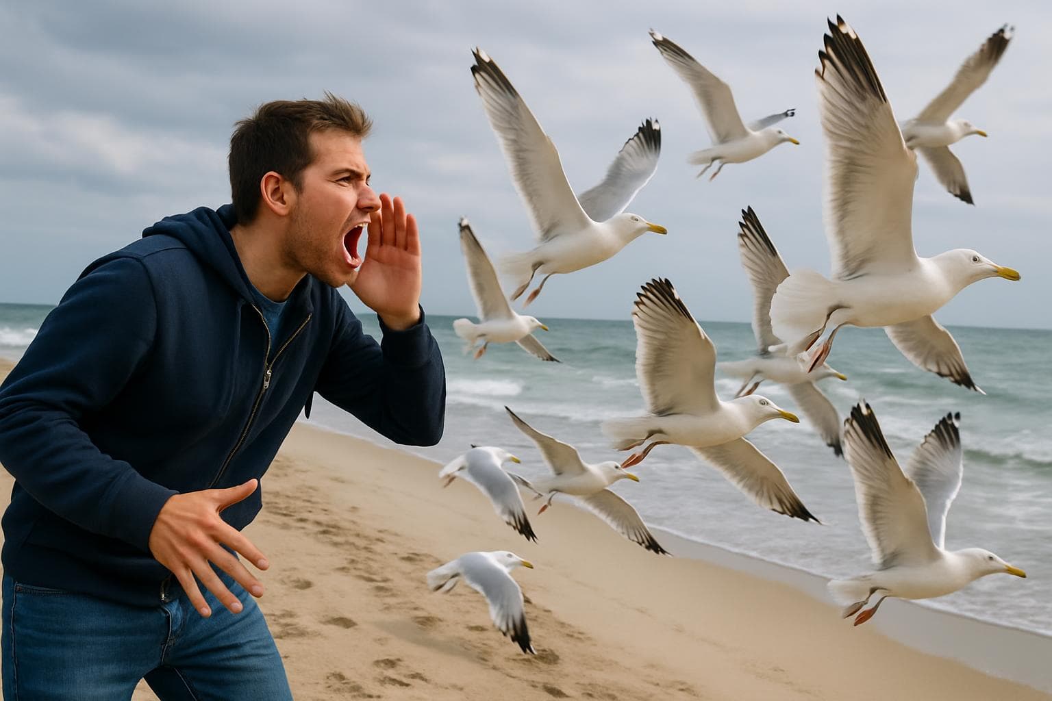 Person shouting at herring gulls on a seaside