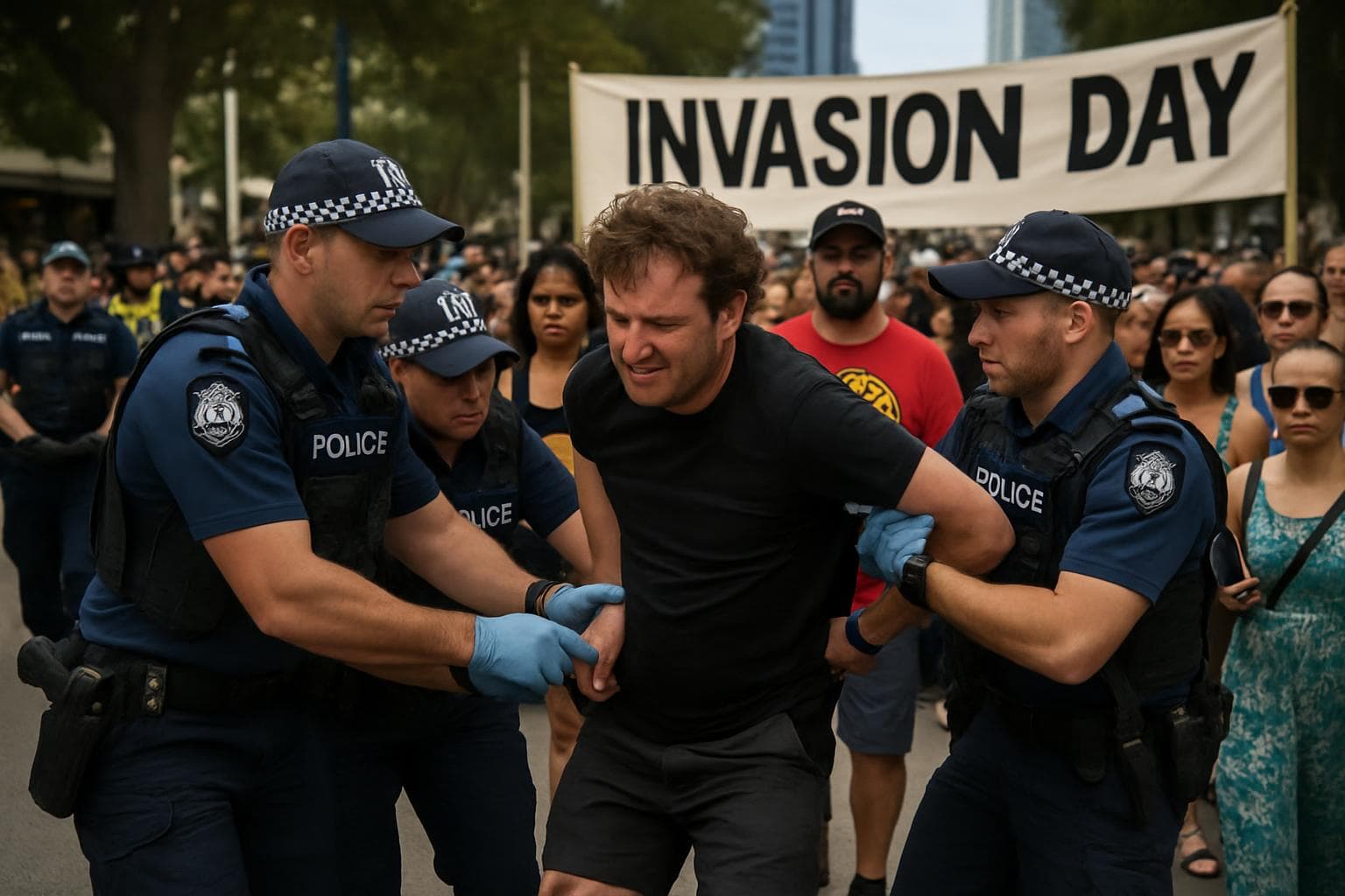 Police arresting a man at Invasion Day rally in Perth
