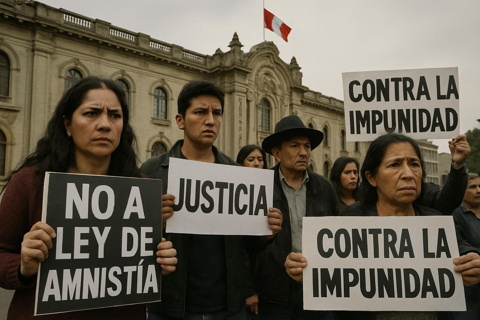 Protesters with signs outside Peru's government building