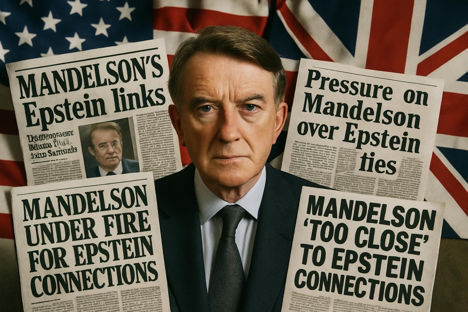 Lord Peter Mandelson with newspapers about Epstein connections