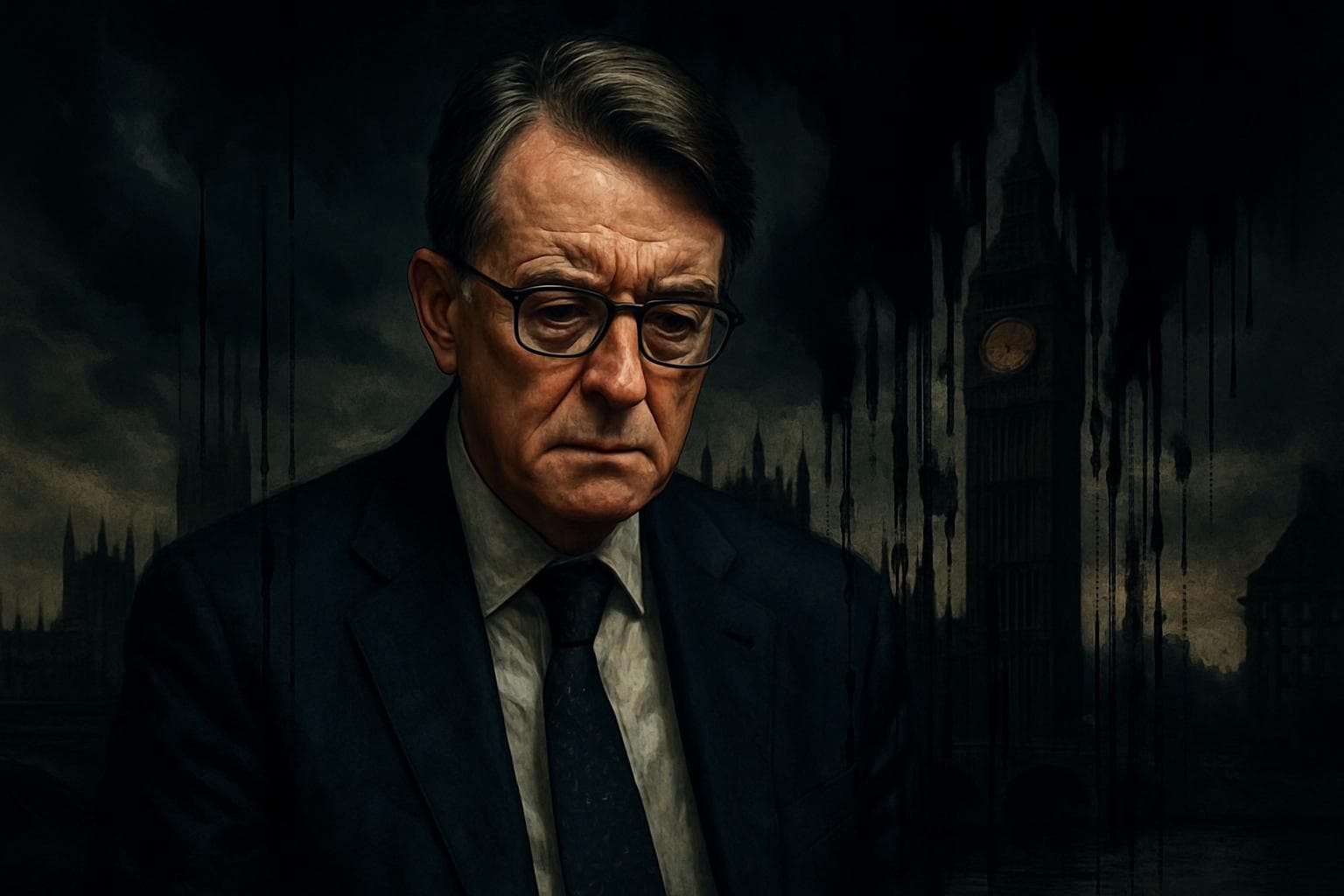 Peter Mandelson in front of UK Parliament with digital leaks