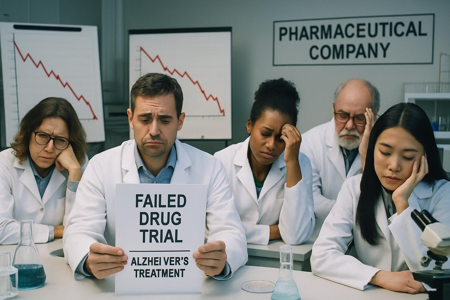 Scientists in a lab looking disappointed with declining charts