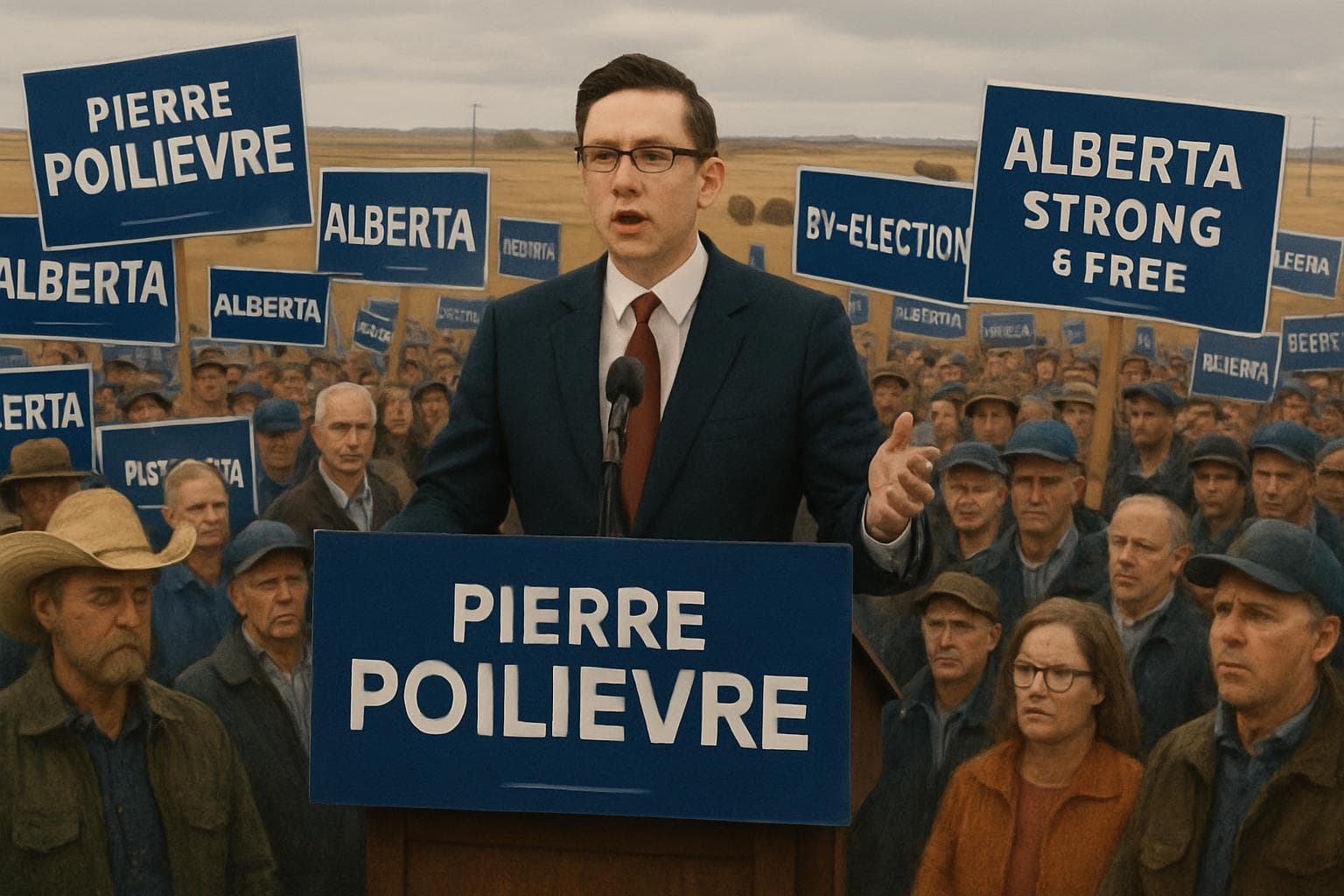 Pierre Poilievre at a podium with campaign posters in Alberta
