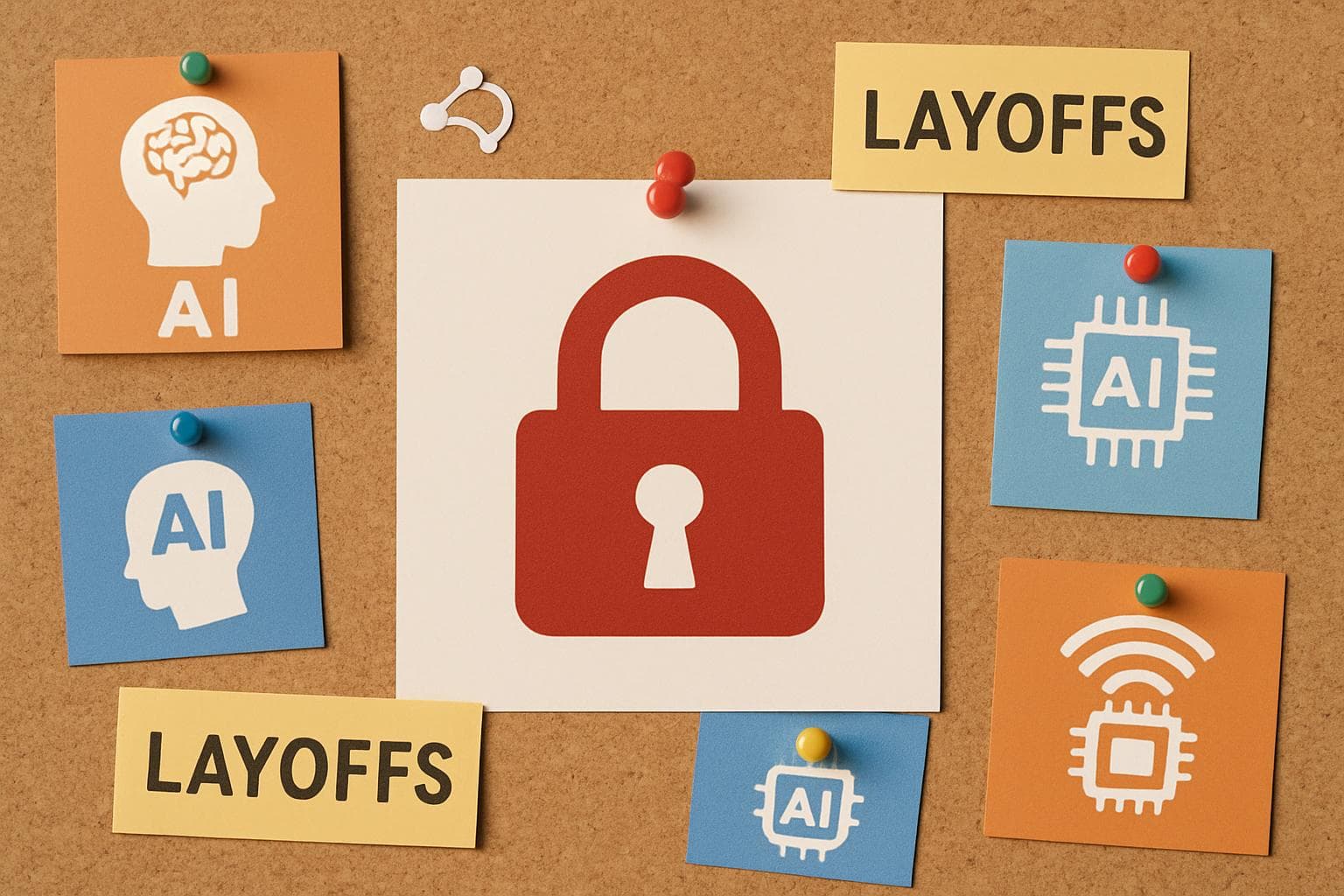 Digital pinboard with lock symbol and AI icons