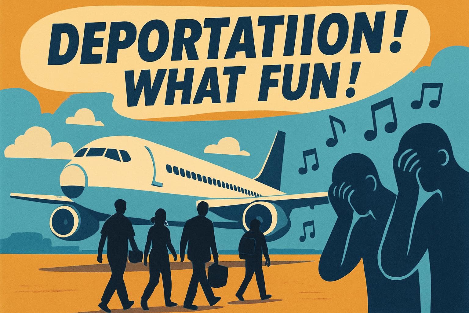 Silhouettes walking towards a plane with deportation captions