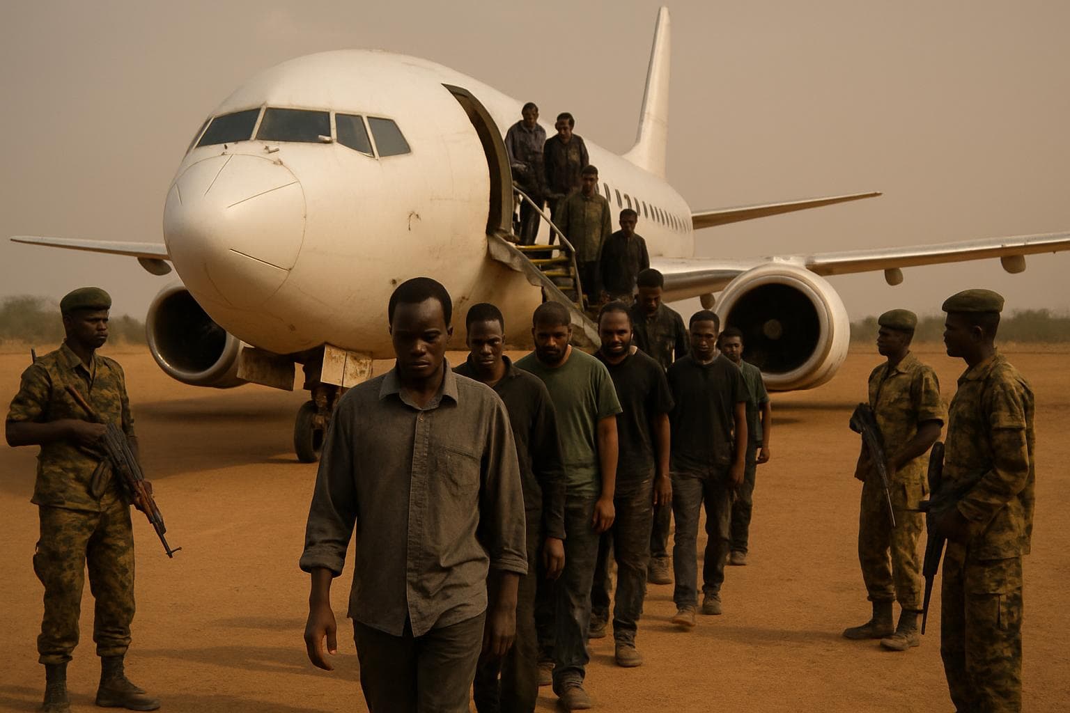 Plane landing in South Sudan with deportees and armed guards