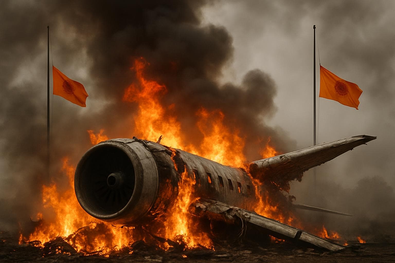 Plane wreckage in flames with Maharashtra flags at half-mast