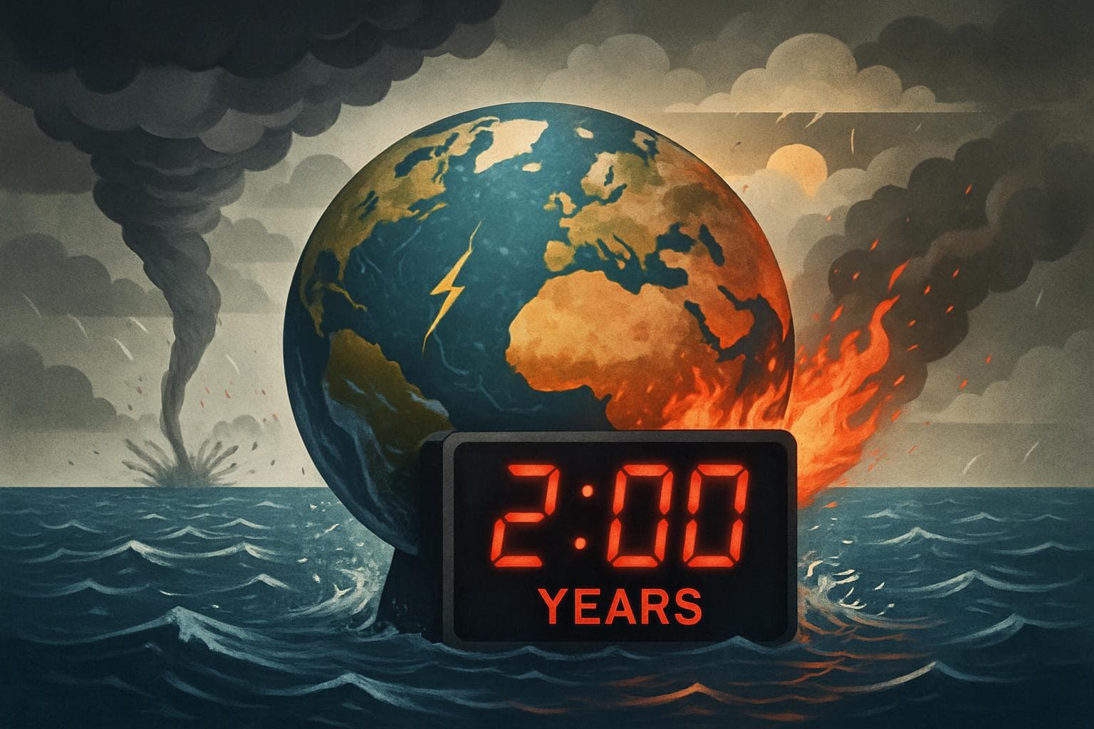 Planet with timer showing two years amid rising sea levels