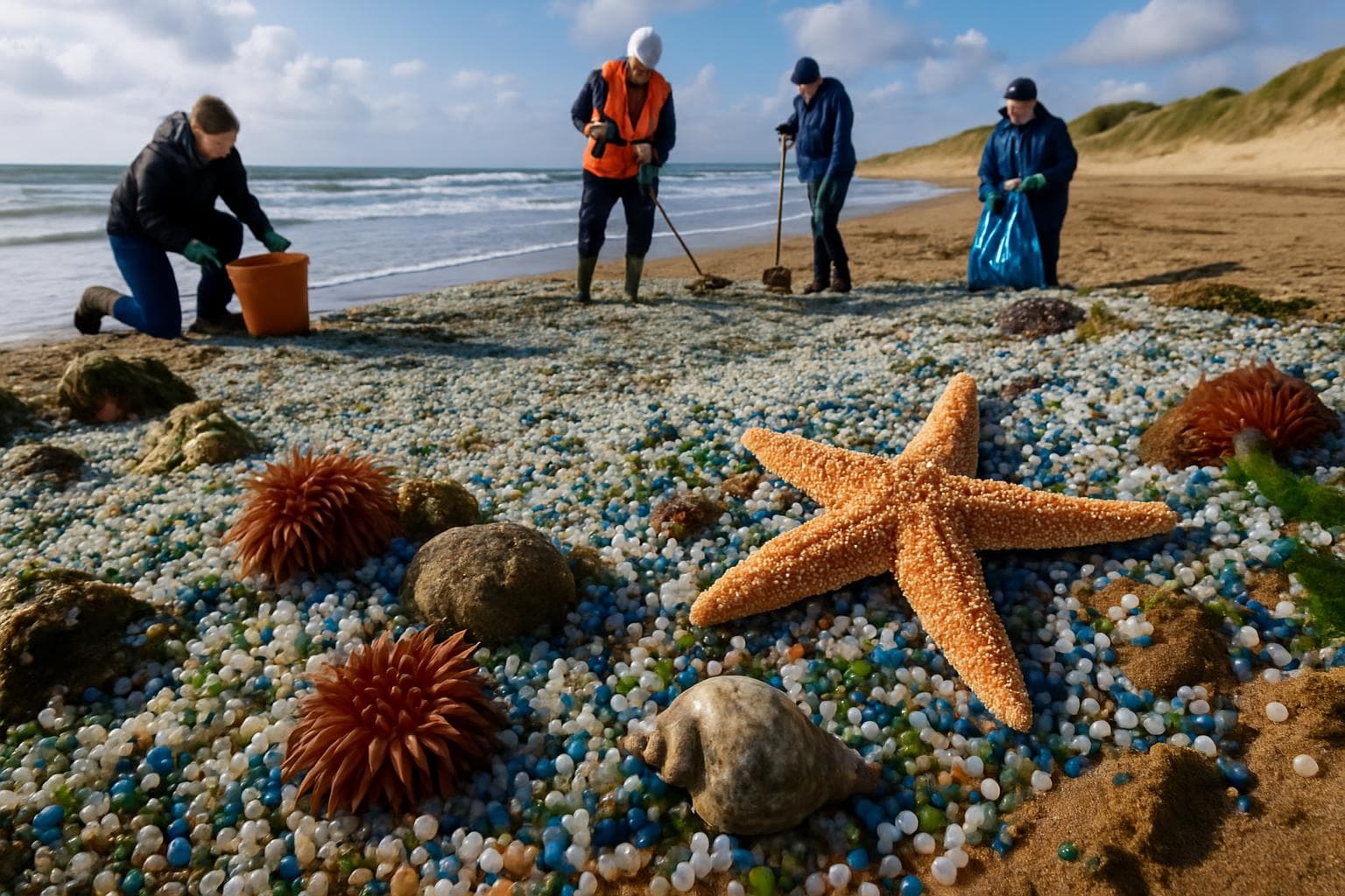 Volunteers cleaning plastic biobeads at Camber Sands beach