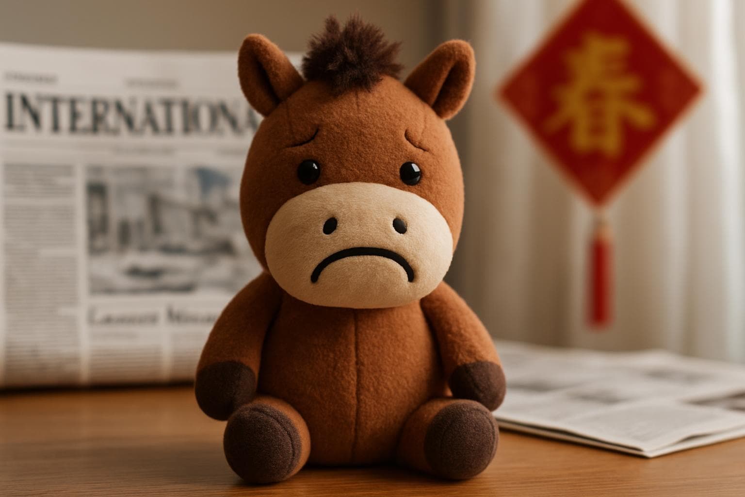 Plush toy horse with an upside-down smile