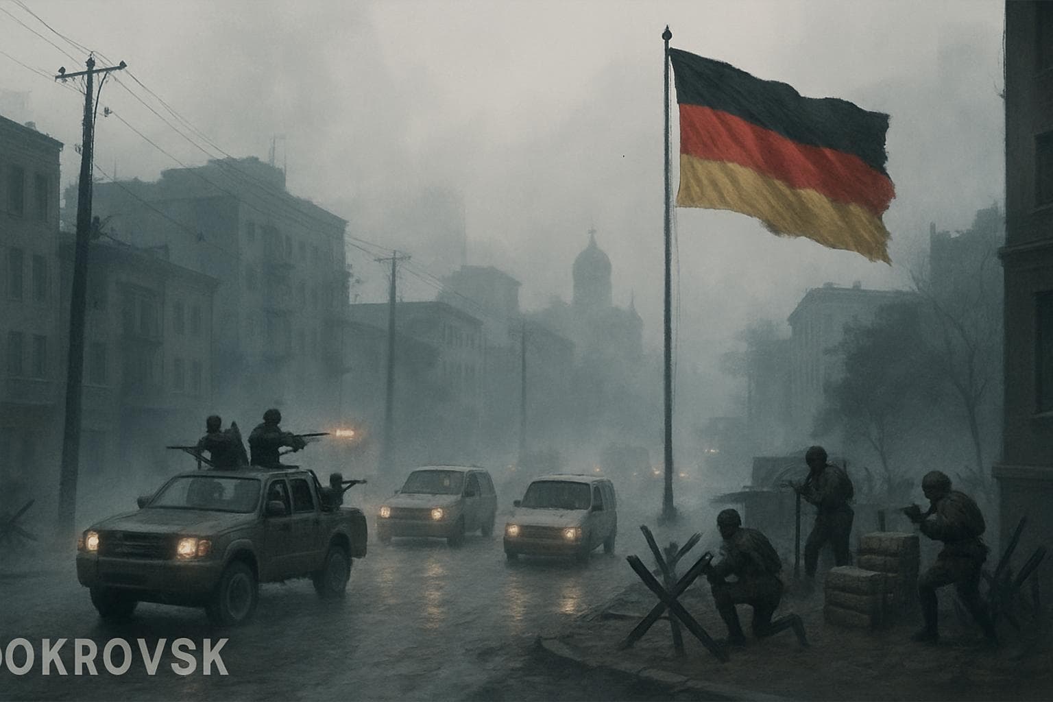 Fog-covered Pokrovsk cityscape with Russian troops in civilian vehicles