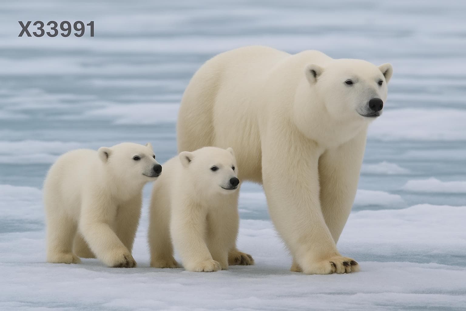 Female polar bear with two cubs walking on sea ice