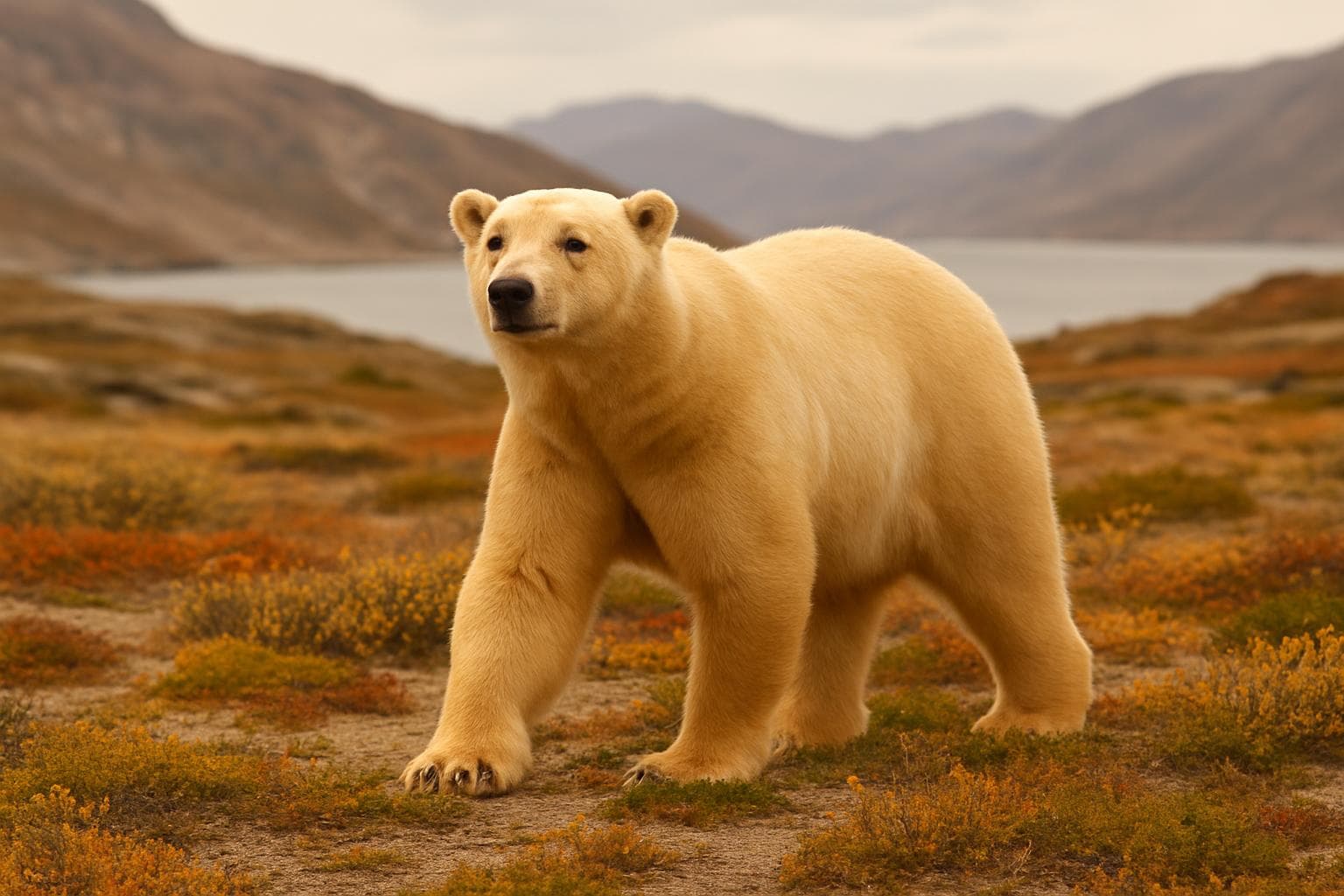 Polar bear standing on plant-covered landscape in Greenland