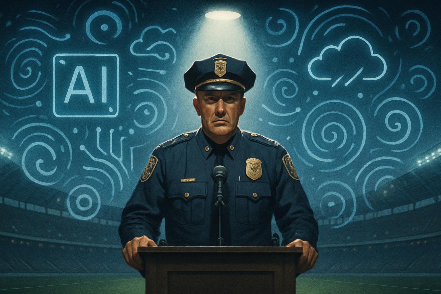 Police chief at podium with AI data symbols in stadium