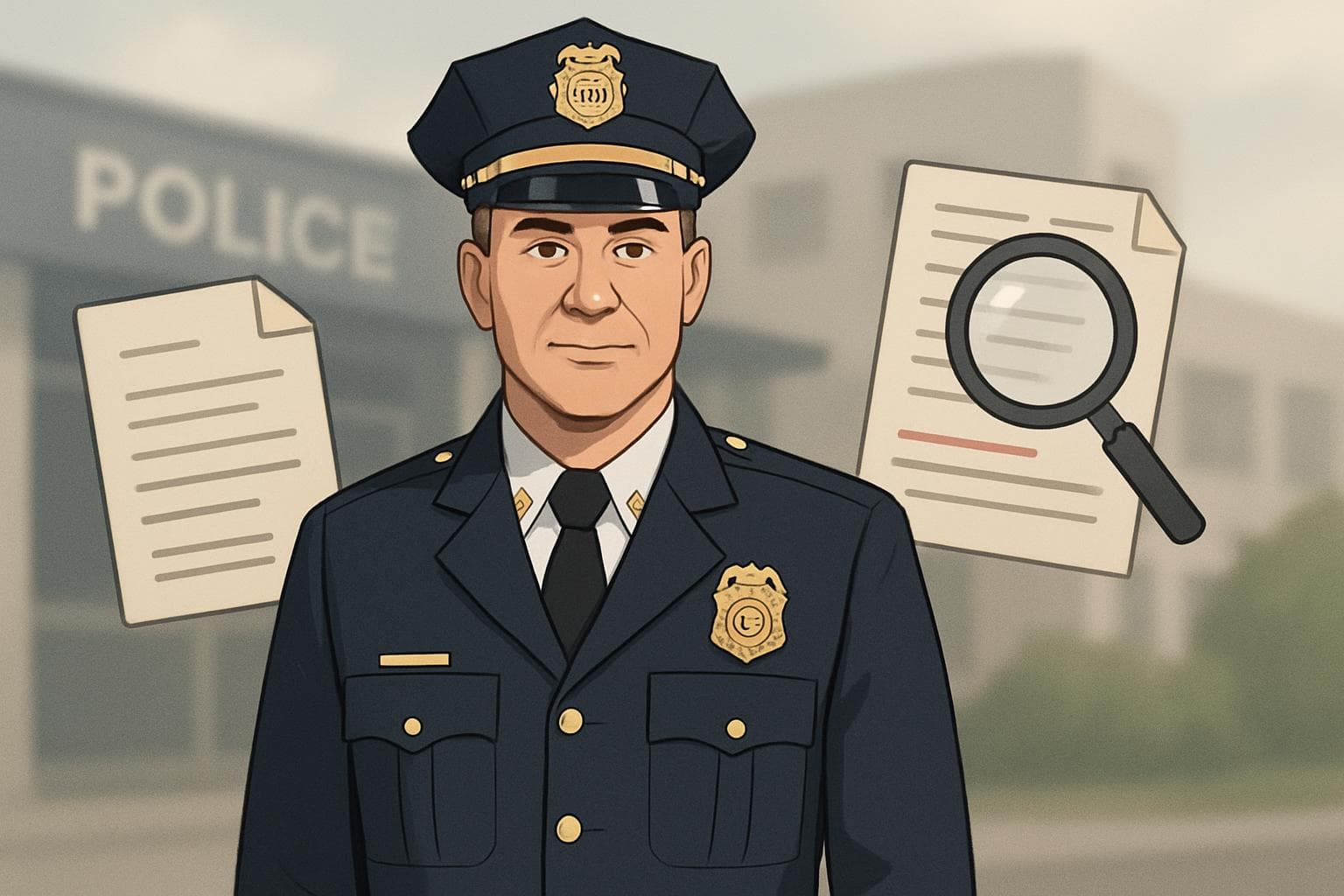 Police chief in formal attire with investigation symbols