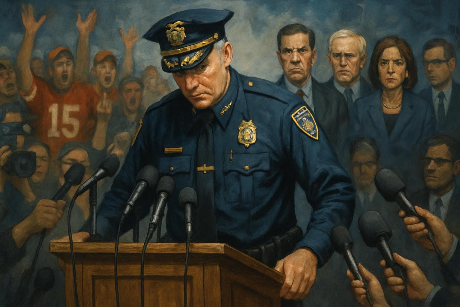 Police chief stepping down from podium with media and crowd