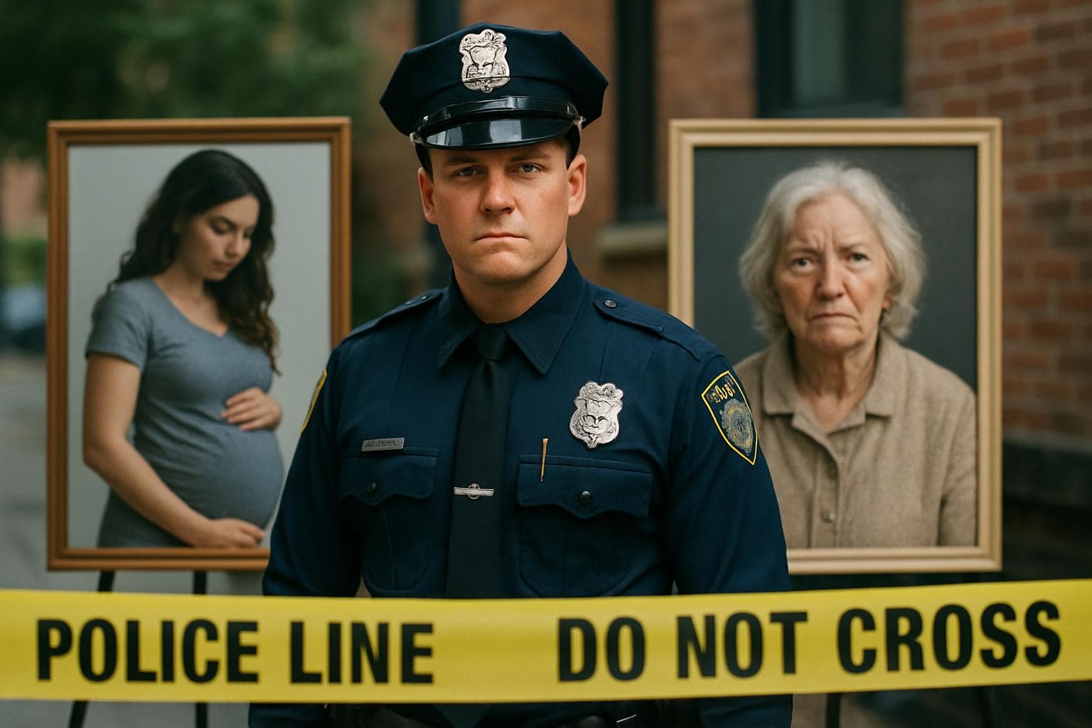 Police officer at crime scene with portraits of women