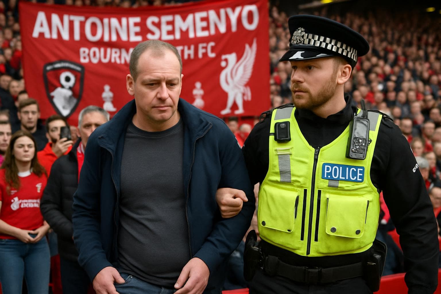 Police officer escorting man from stadium during match