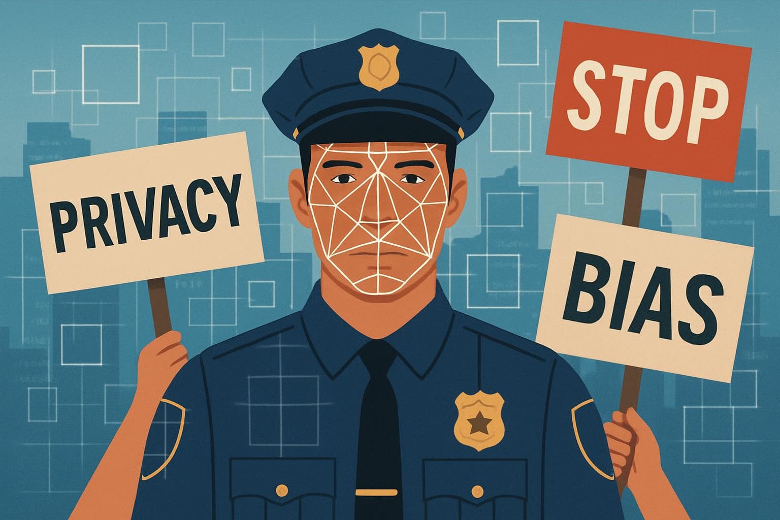 Police officer with cityscape and digital facial recognition grids