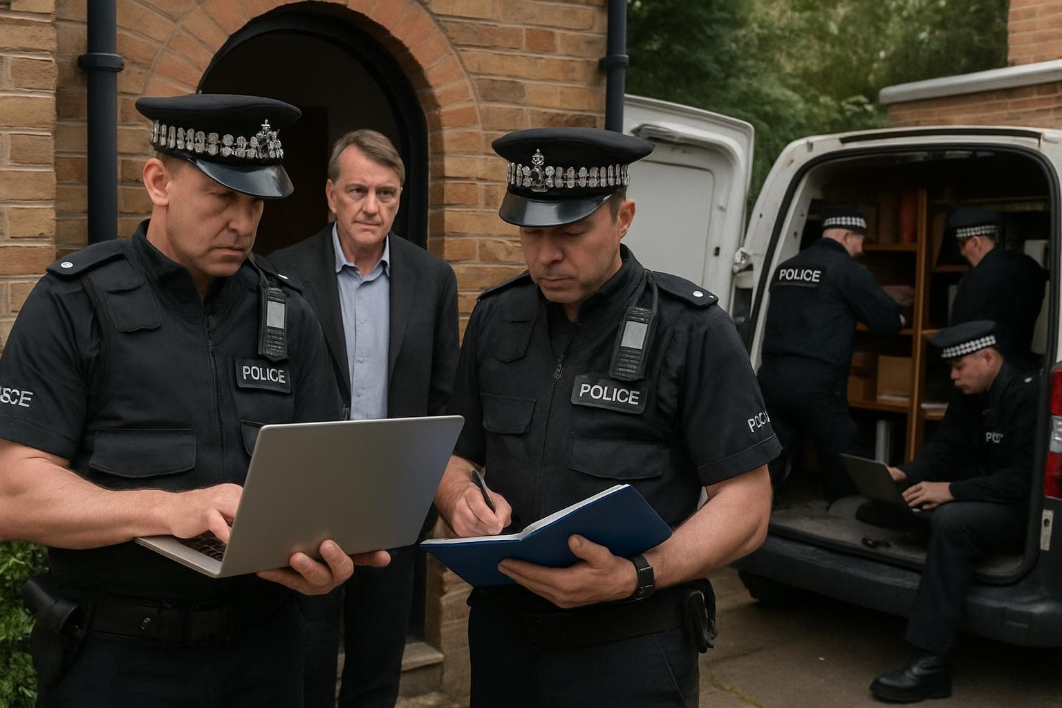 Police officers search properties for evidence in investigation