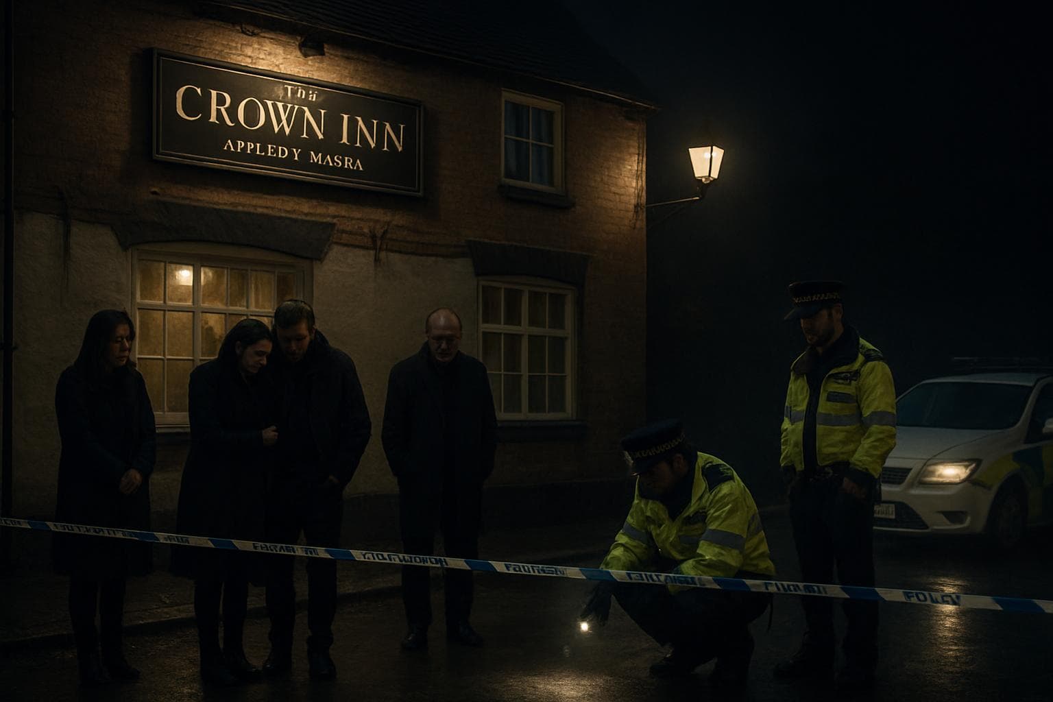 Police investigating outside The Crown Inn at night