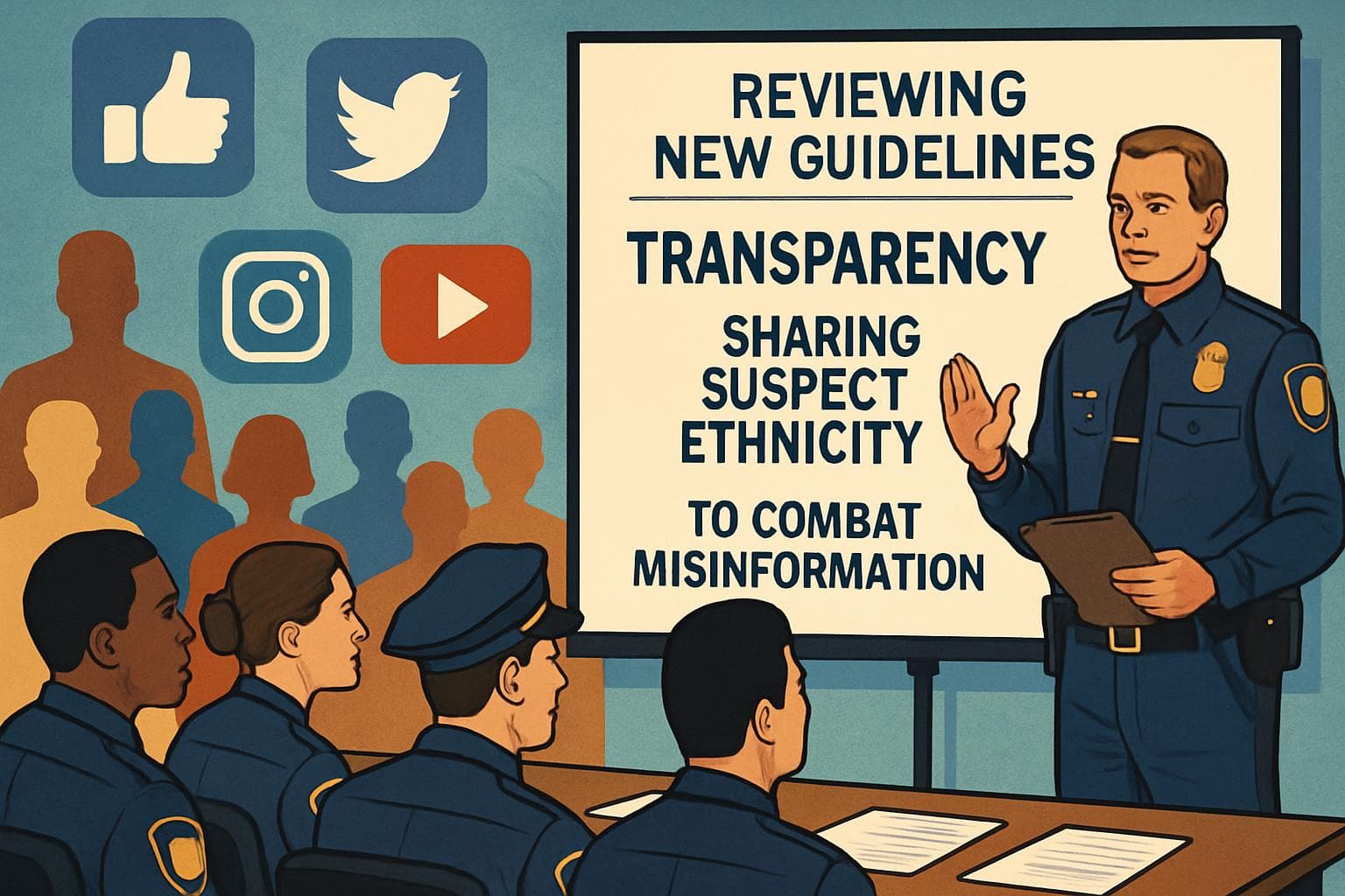 Police officers in a meeting discussing new guidelines