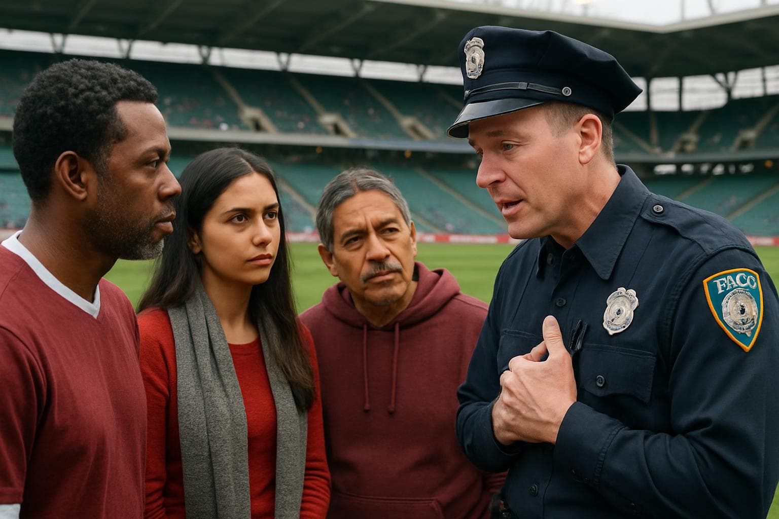 Police officer apologizes to diverse group at soccer stadium.