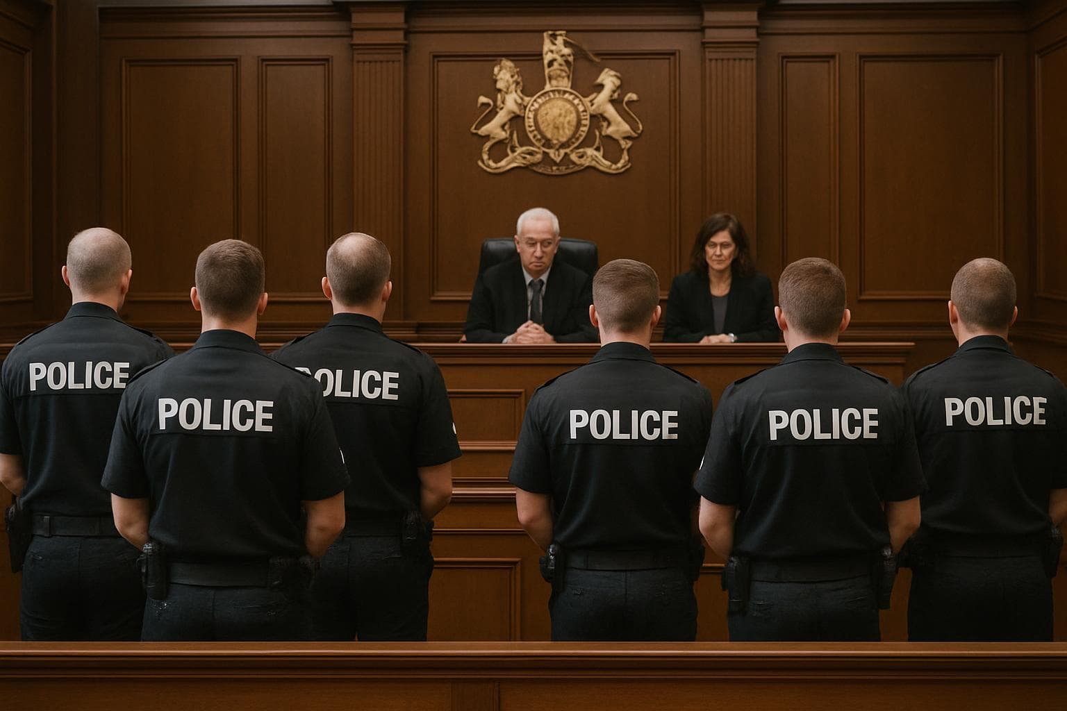 Six police officers in a courtroom facing hearings