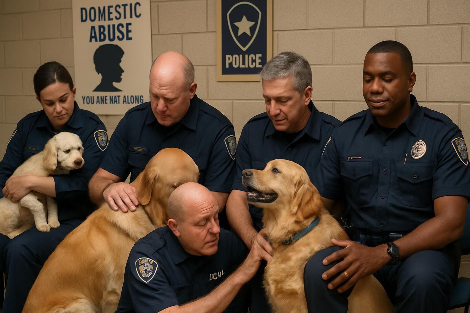 Police officers with support dogs at a station