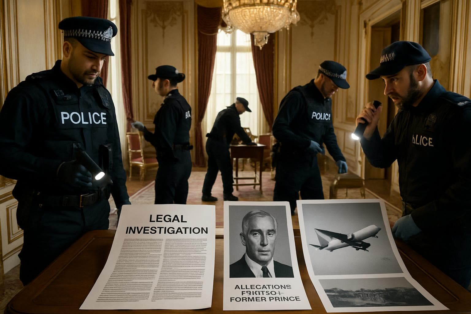 Police officers searching a royal residence with legal documents and airplane images