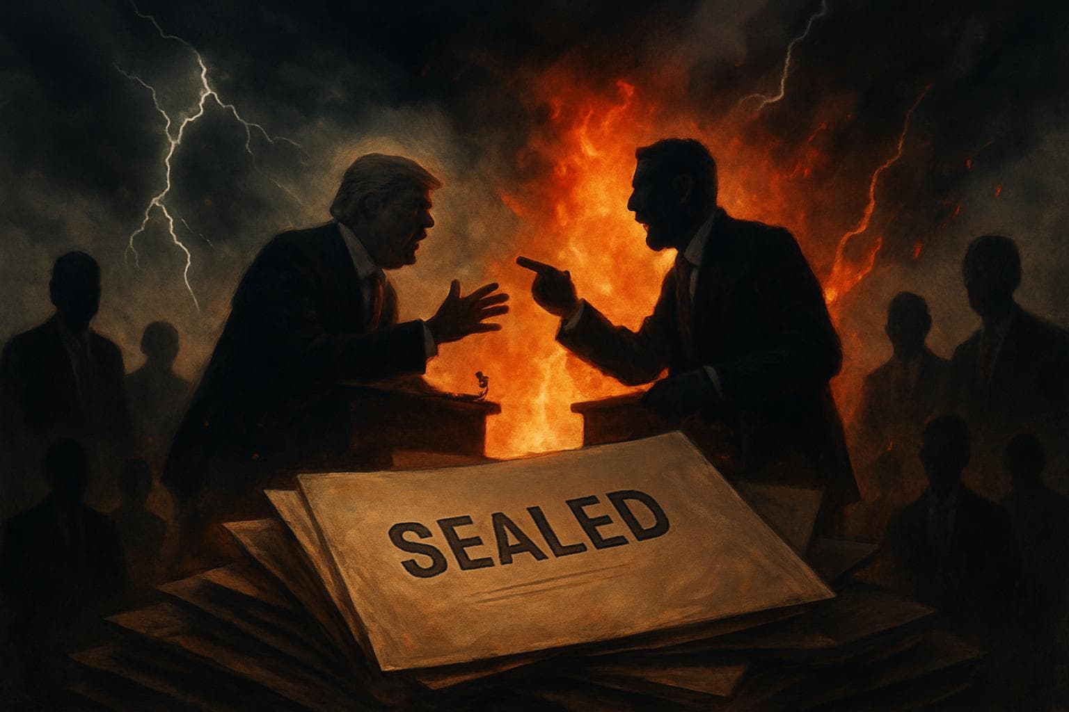 Shadowy figures debating over sealed files in a stormy setting