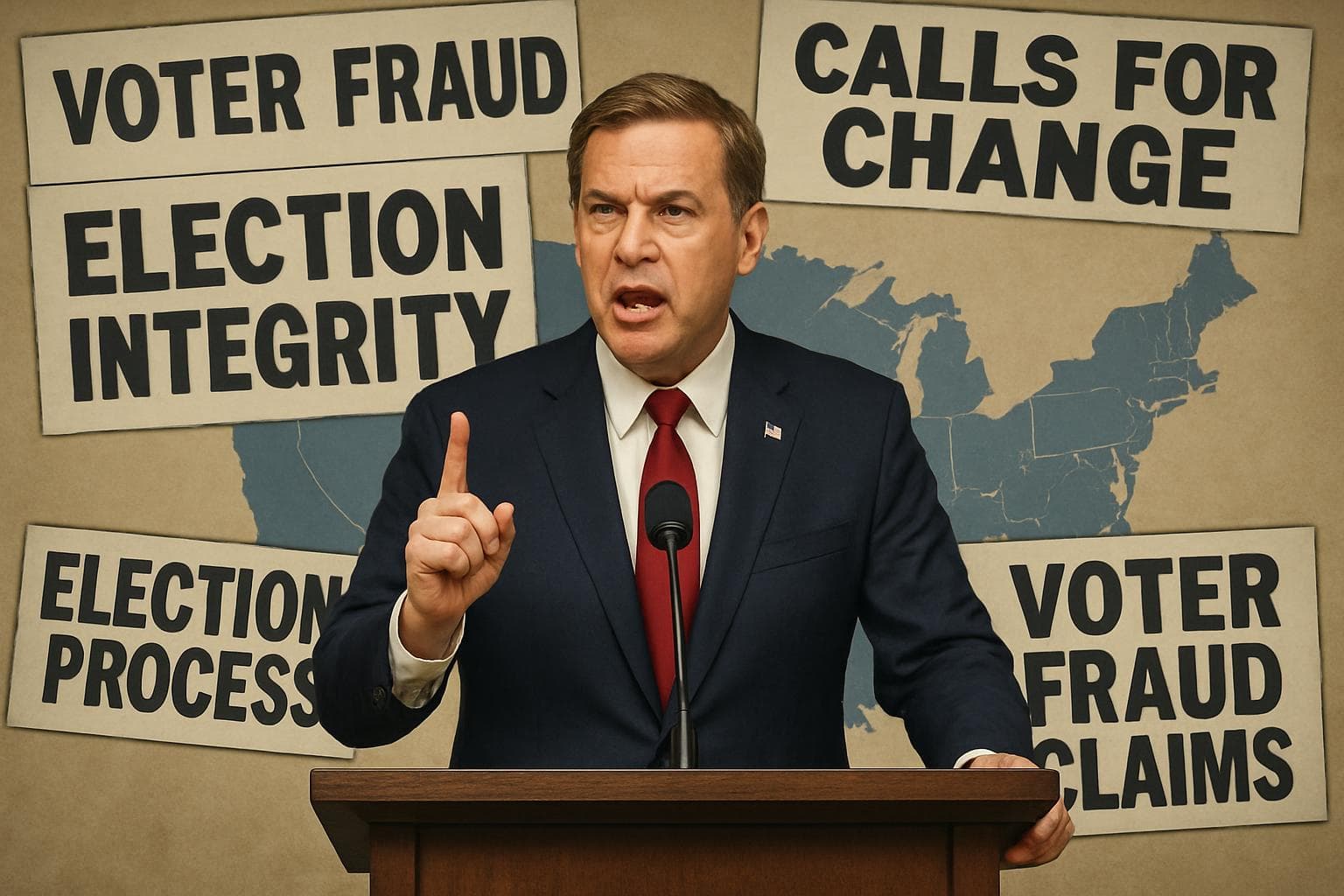 Political figure at podium with US map and election headlines
