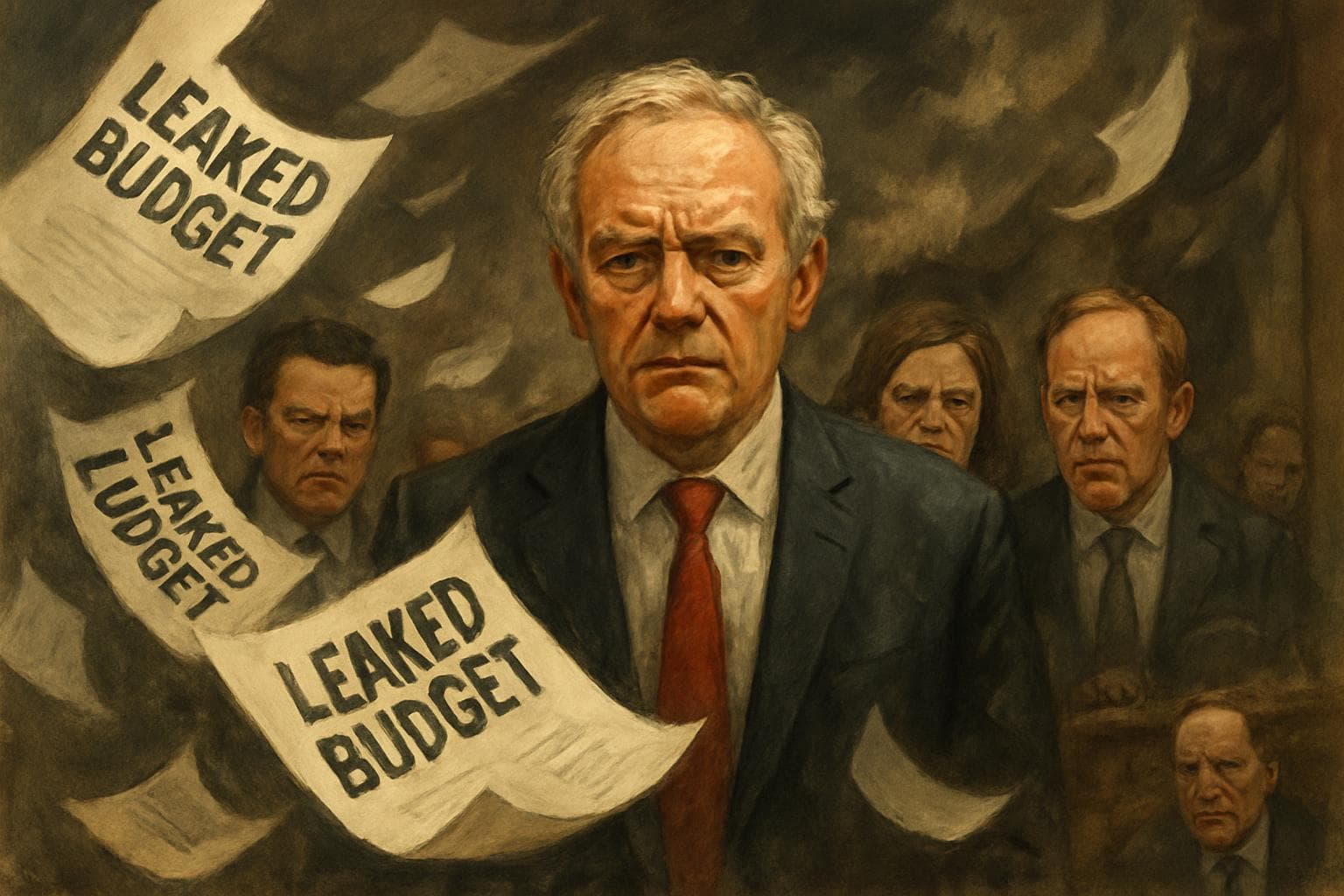 Political figure with swirling papers and tense officials