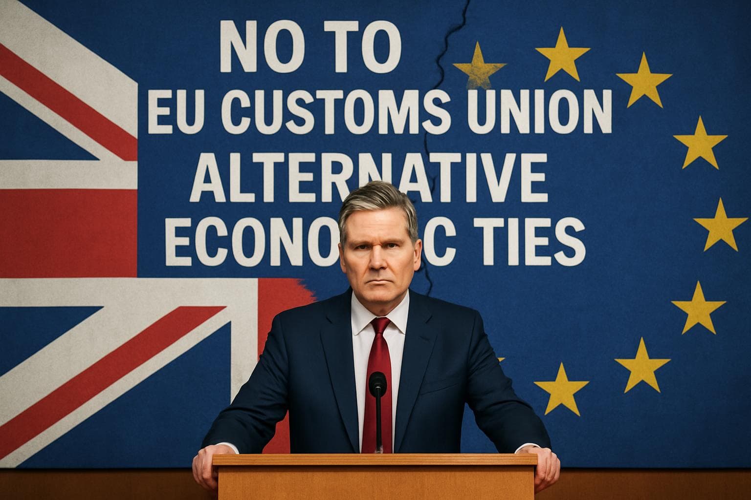 Political figure at podium with UK and EU flag split backdrop