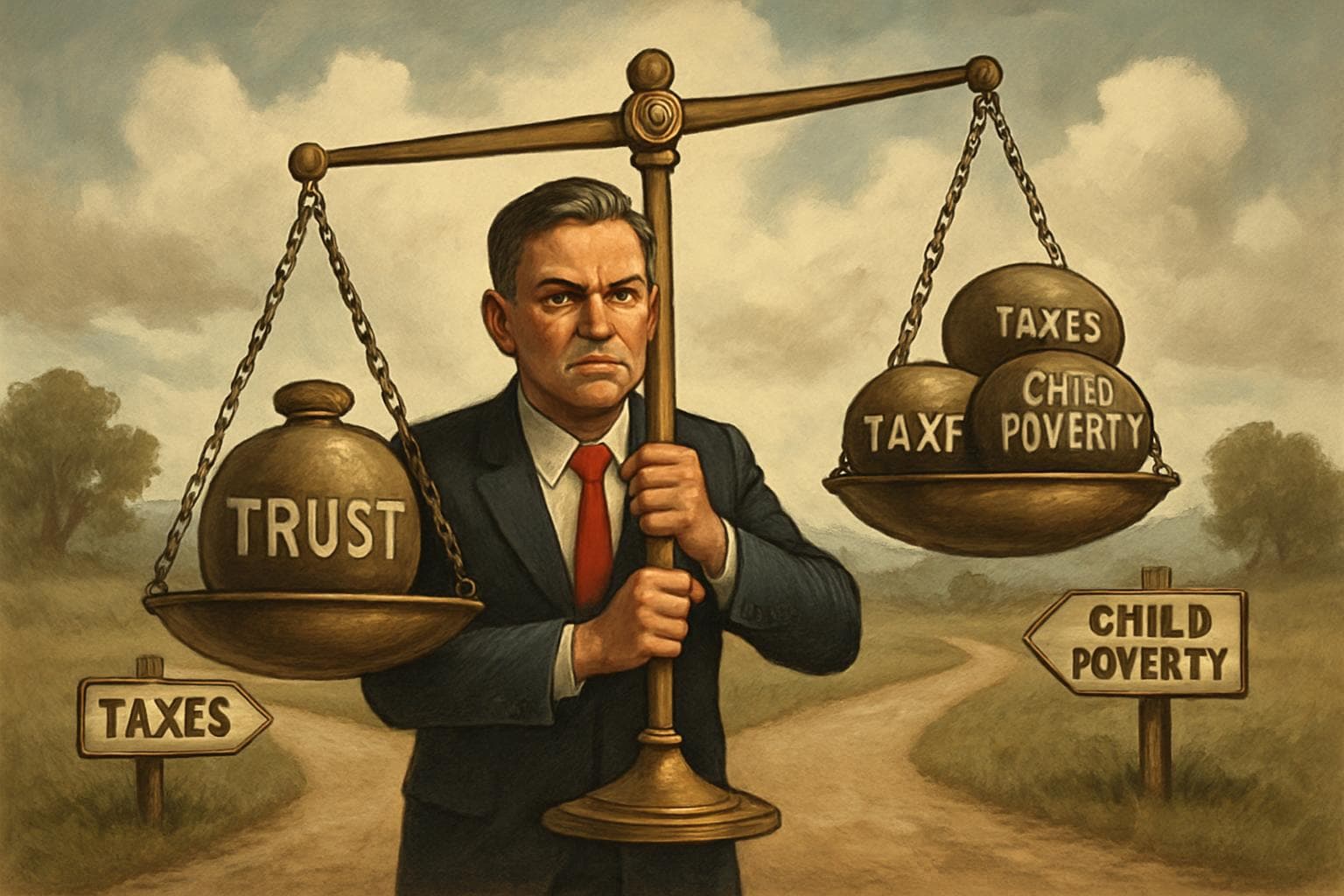 Political leader at crossroads with a giant scale