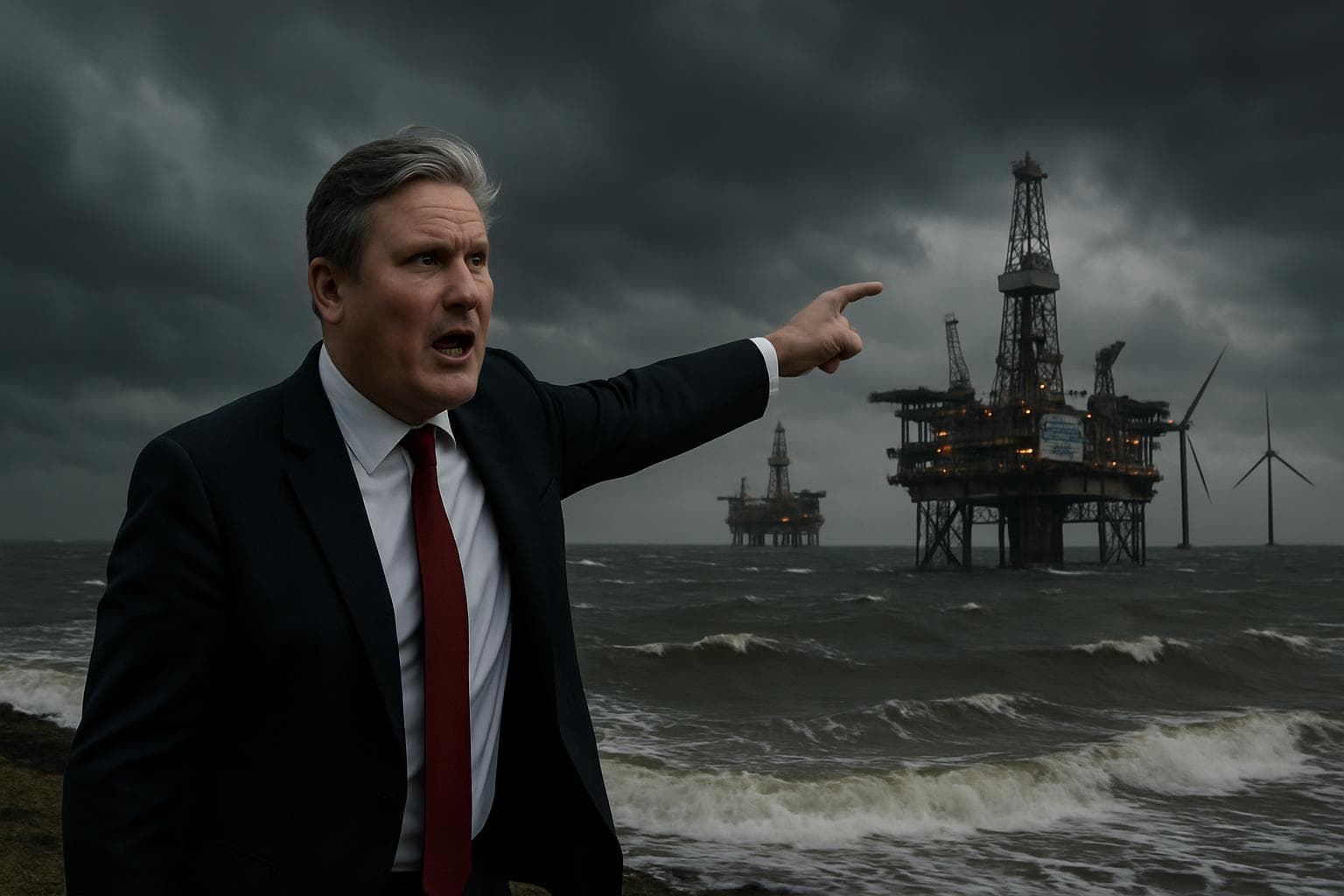 Political leader pointing at oil rigs with wind turbines nearby
