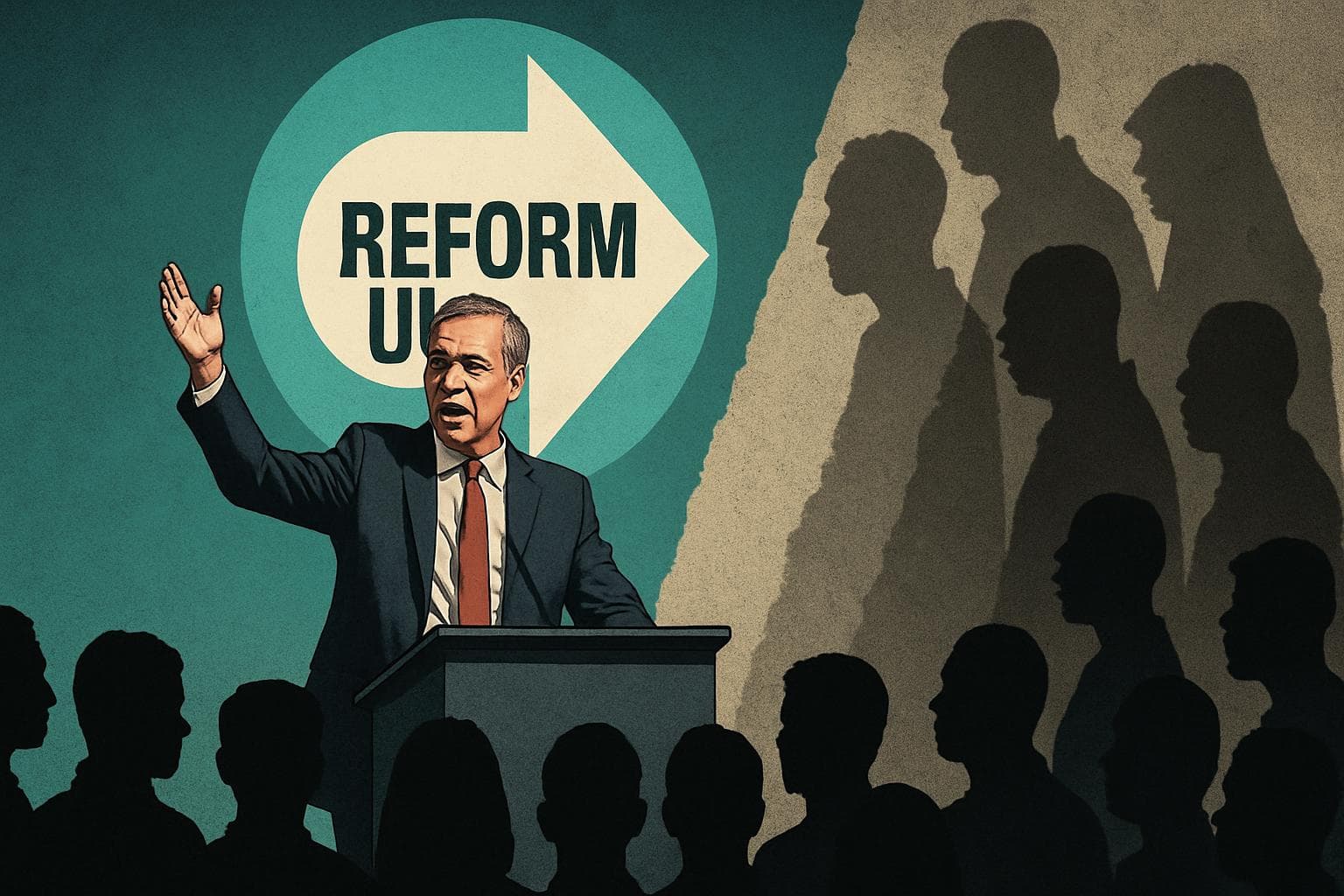 Political leader at podium with divided audience and Reform UK logo