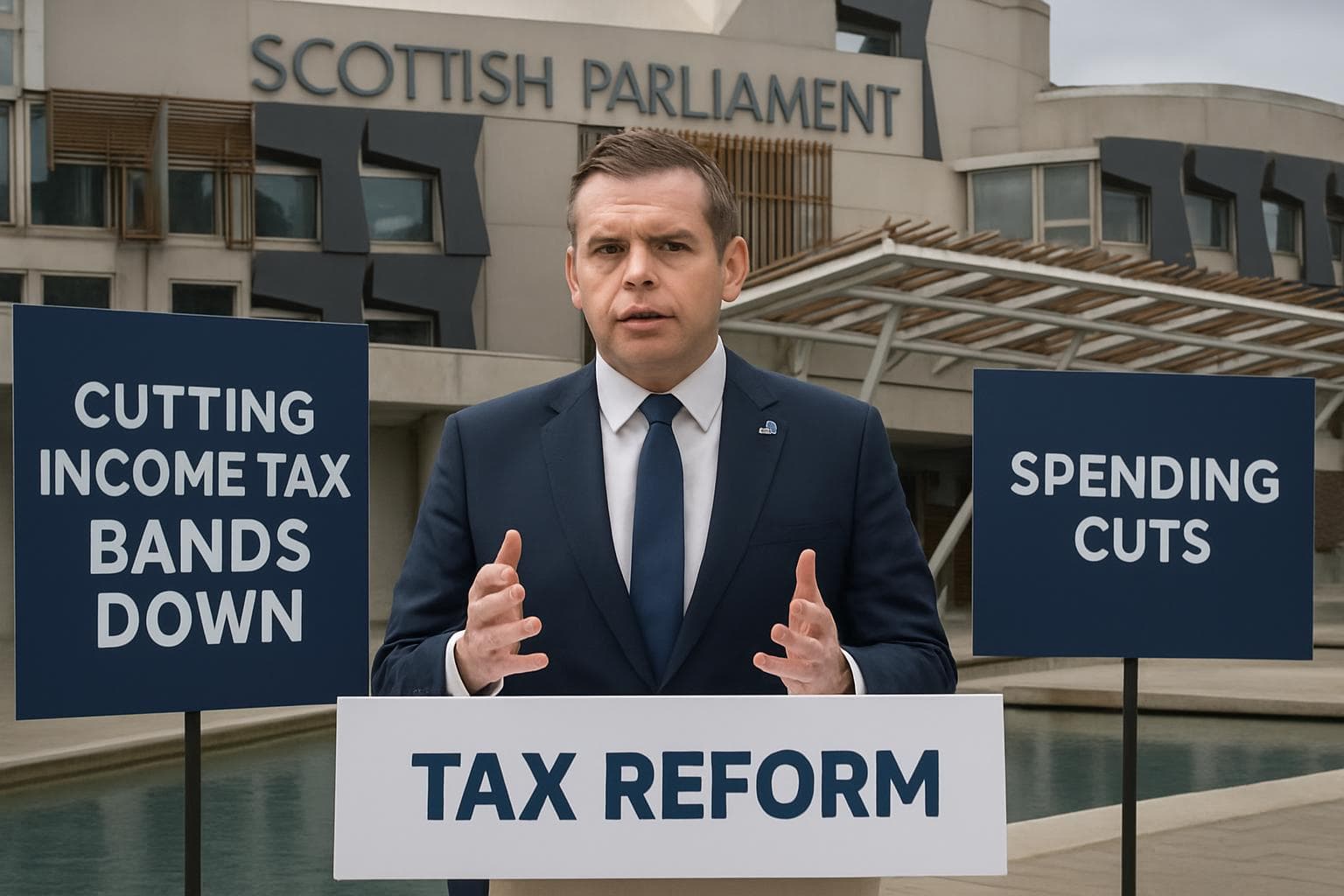 Political leader presenting tax reform plans at Scottish Parliament