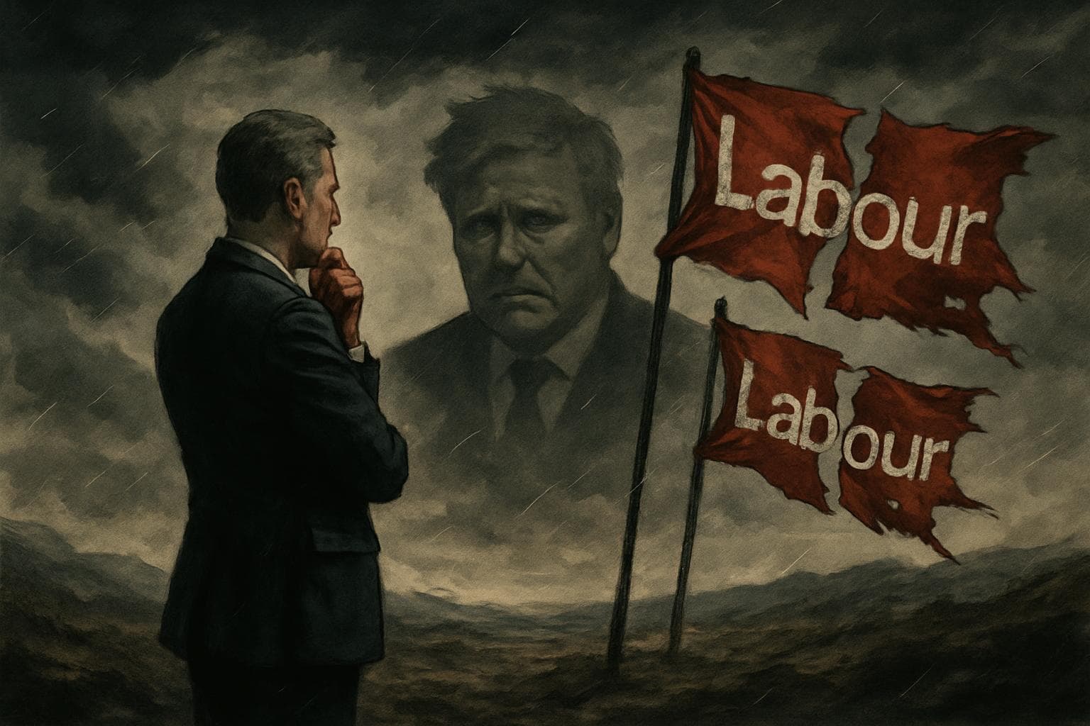 Political strategist in stormy landscape with UK Prime Minister