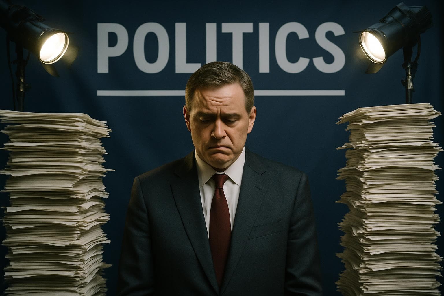 Politician in a suit with documents and spotlights