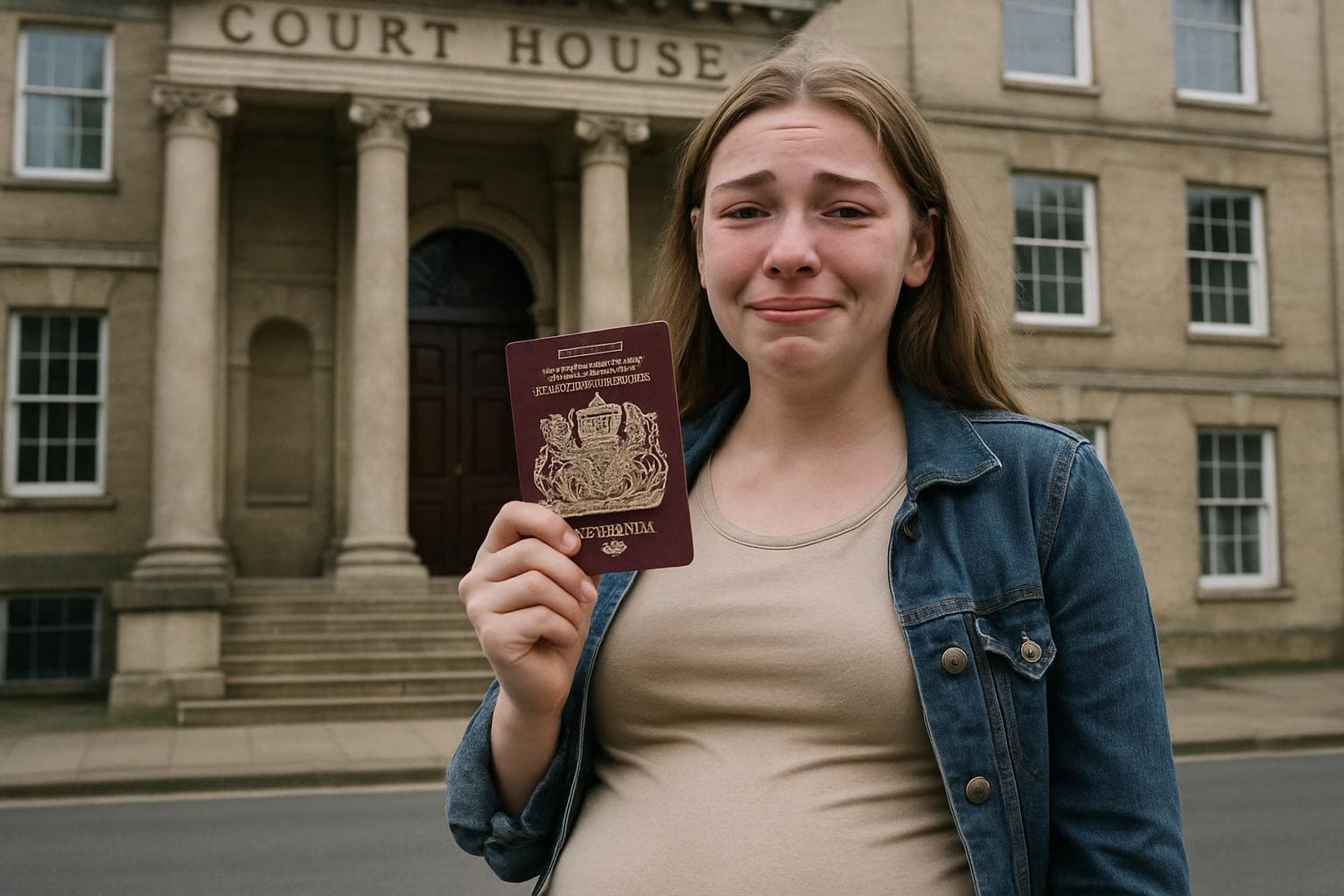 Pregnant British teenager holding passport outside Georgian courthouse