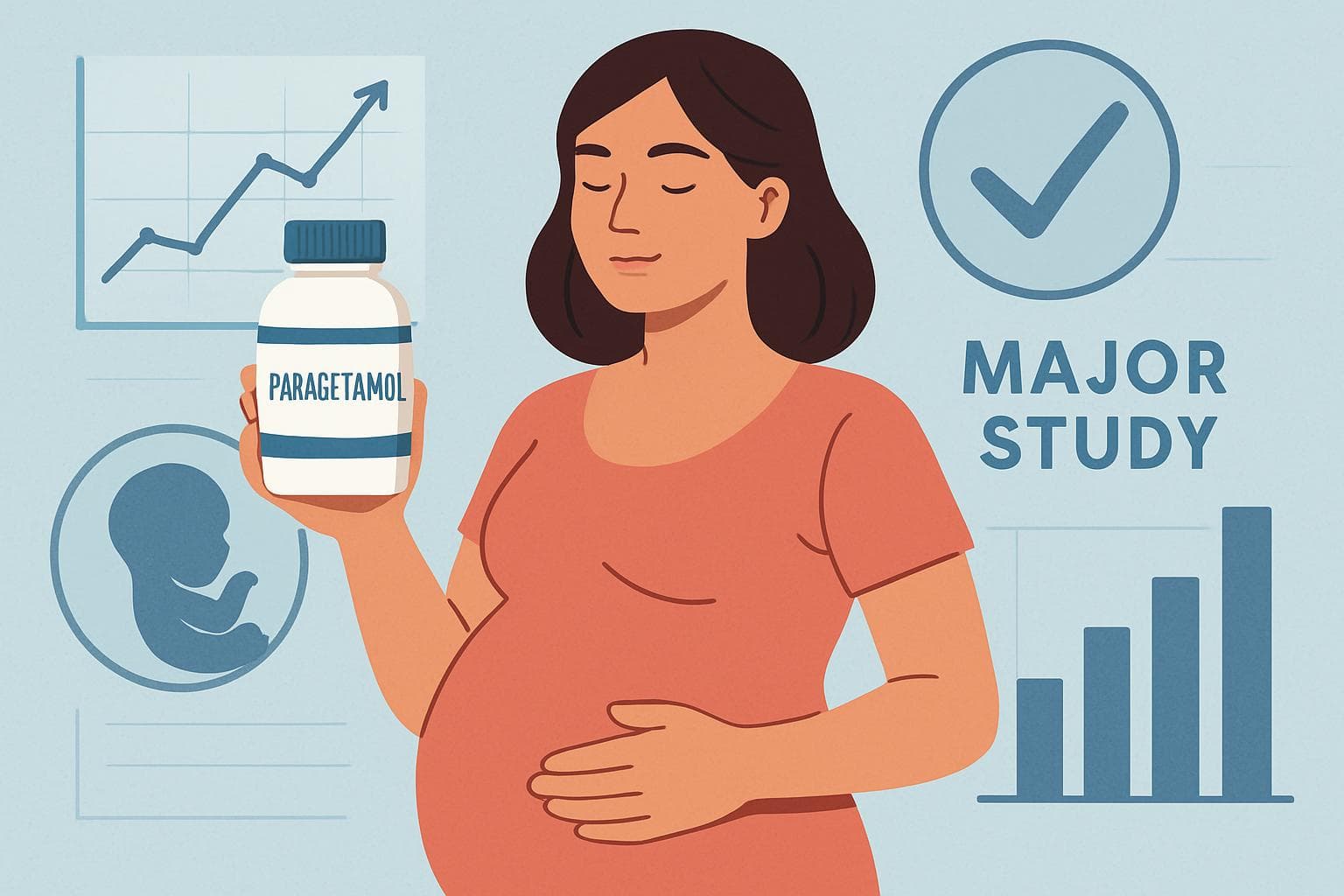 Pregnant woman holding paracetamol bottle with scientific charts